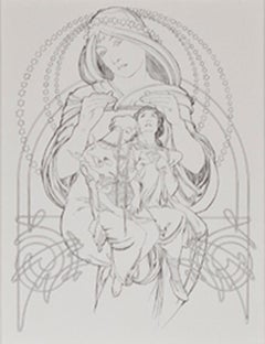 Siglo XIX litografía art nouveau figuras femeninas ornamentadas contorno ilustración