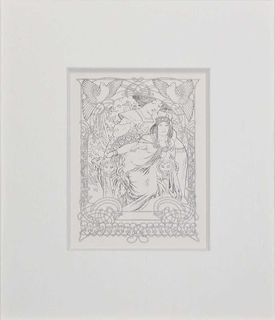 Late 19th century lithograph art nouveau ornate bookplate figures birds floral