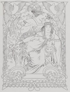Late 19th century lithograph art nouveau ornate bookplate figures birds floral