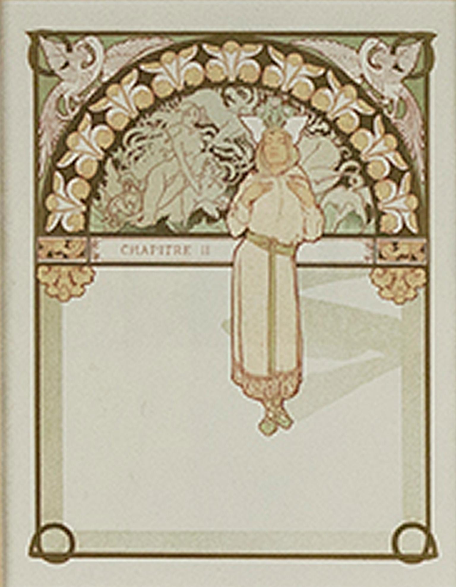 Farblithographie des späten 19. Jahrhunderts, Art nouveau-Bücherregal mit Blumenverzierung verso – Print von Alphonse Mucha