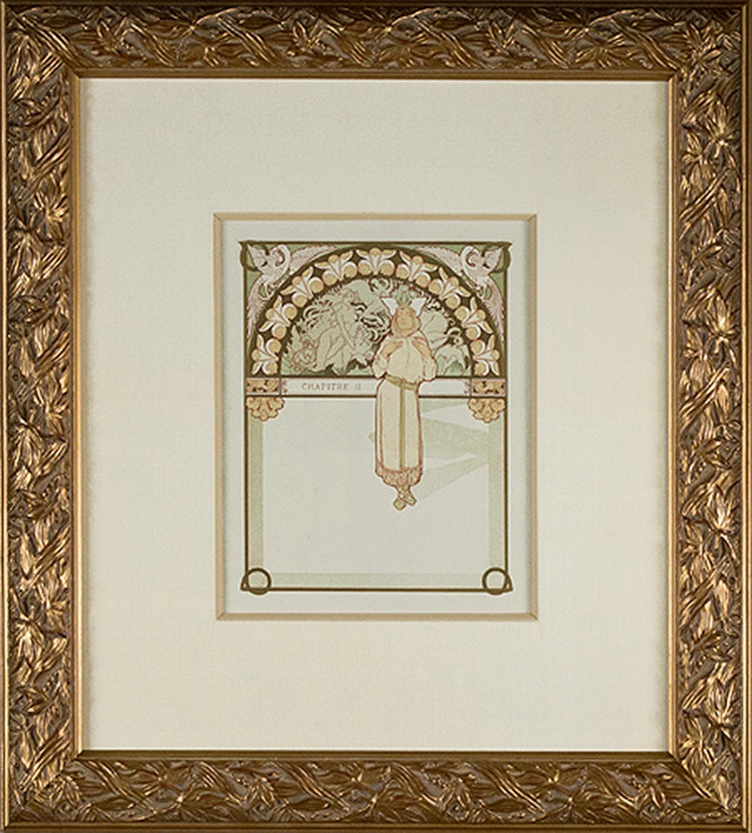 Farblithographie des späten 19. Jahrhunderts, Art nouveau-Bücherregal mit Blumenverzierung verso (Beige), Figurative Print, von Alphonse Mucha