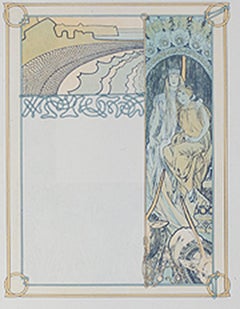 Late 19th century color lithograph art nouveau figures pastoral blue yellow