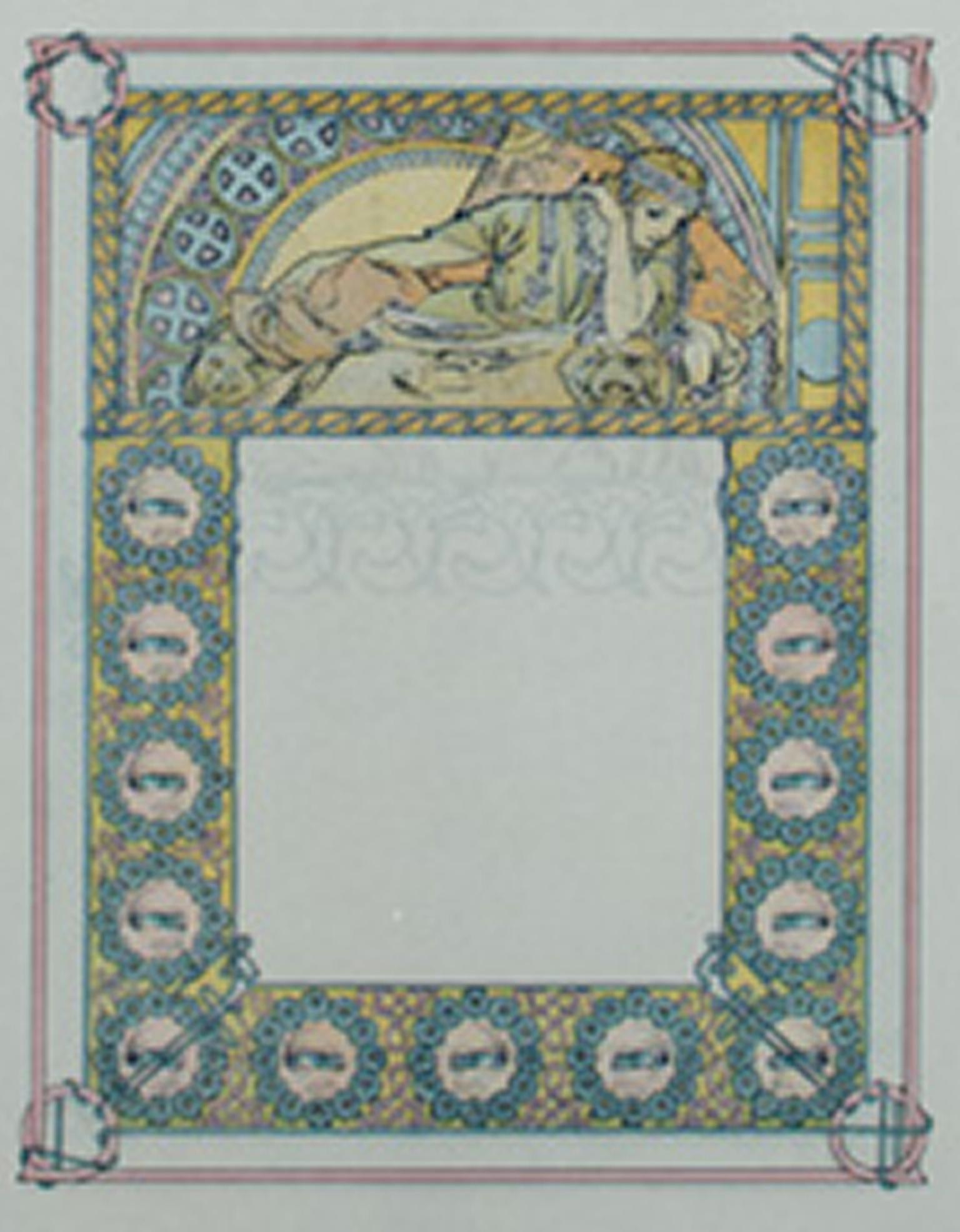 Spätes 19. Jahrhundert Farb-Lithographie Jugendstil florale Figur blau gelb – Print von Alphonse Mucha