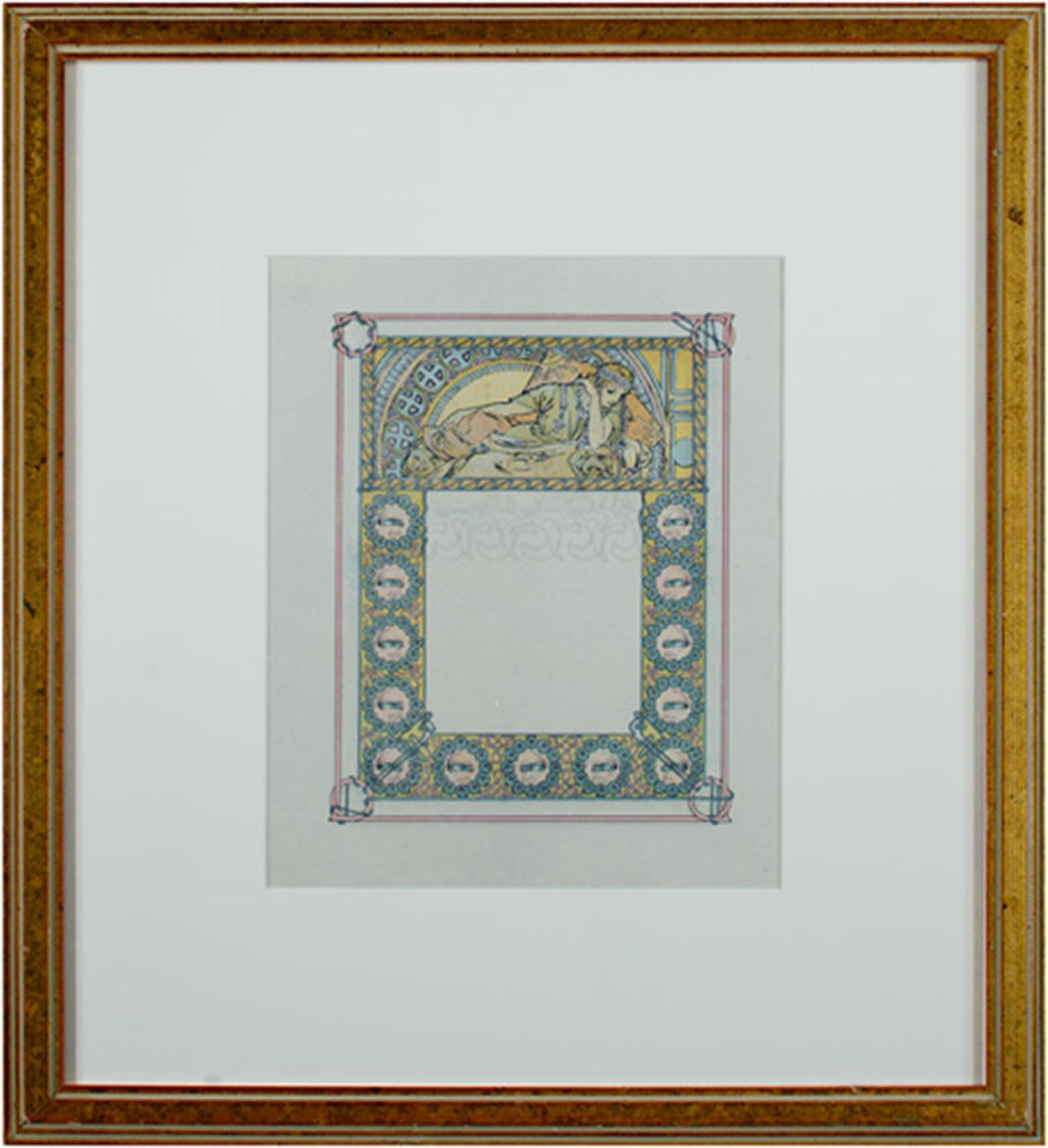 Late 19th century color lithograph art nouveau floral figure blue yellow - Art Nouveau Print by Alphonse Mucha