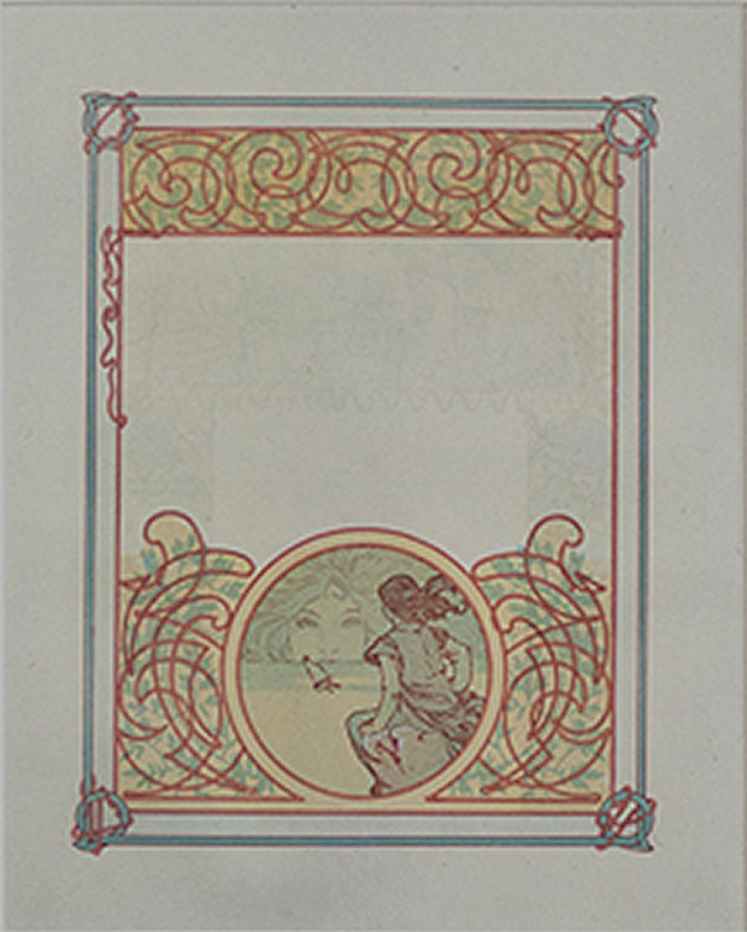 Alphonse Mucha Figurative Print – Farblithographie des späten 19. Jahrhunderts, Art nouveau-Bücherregal verso mit Verzierungen
