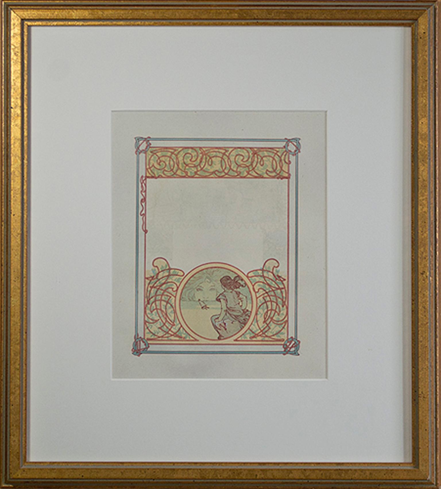 Farblithographie des späten 19. Jahrhunderts, Art nouveau-Bücherregal verso mit Verzierungen im Angebot 1