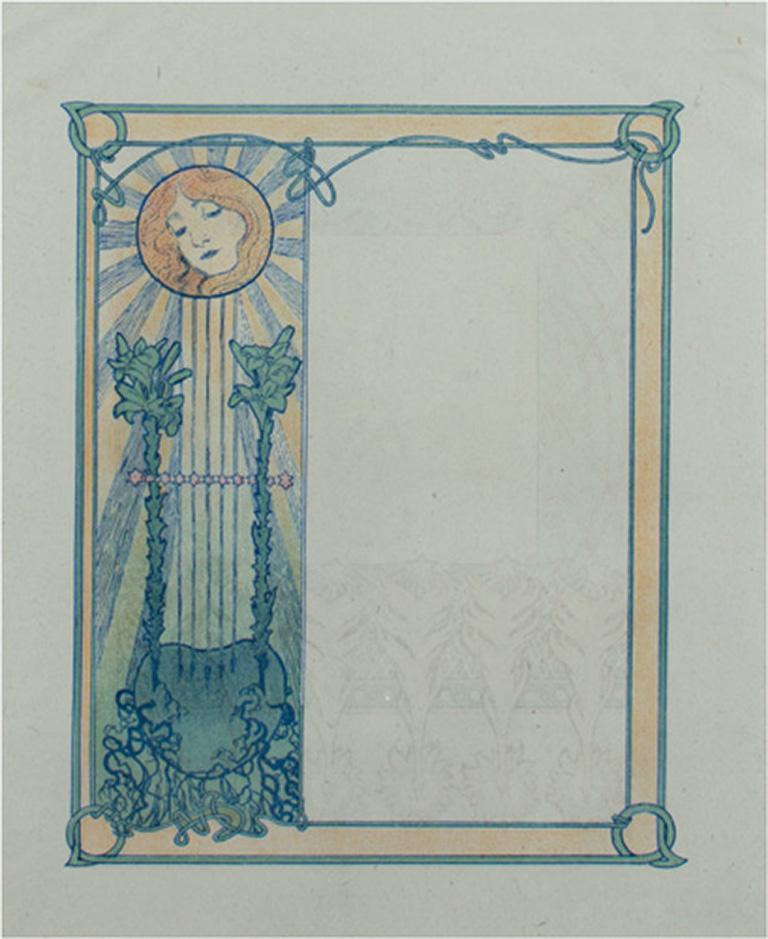 Farblithographie des späten 19. Jahrhunderts, Art nouveau-Bücherregal mit Blumenverzierung verso (Grau), Figurative Print, von Alphonse Mucha