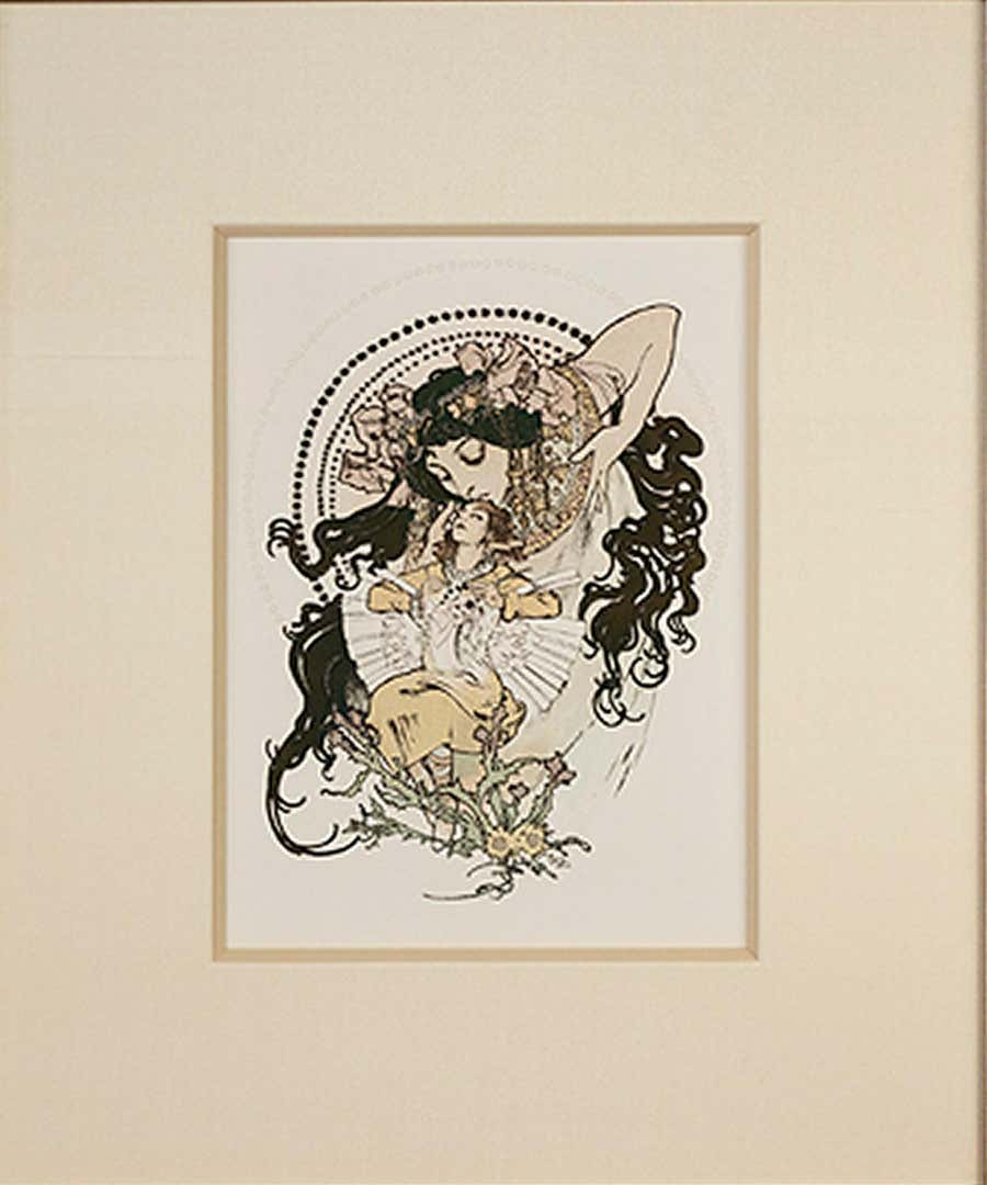 Late 19th century color lithograph art nouveau ornate bookplate figures floral