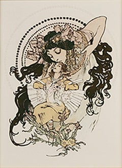 Late 19th century color lithograph art nouveau ornate bookplate figures floral