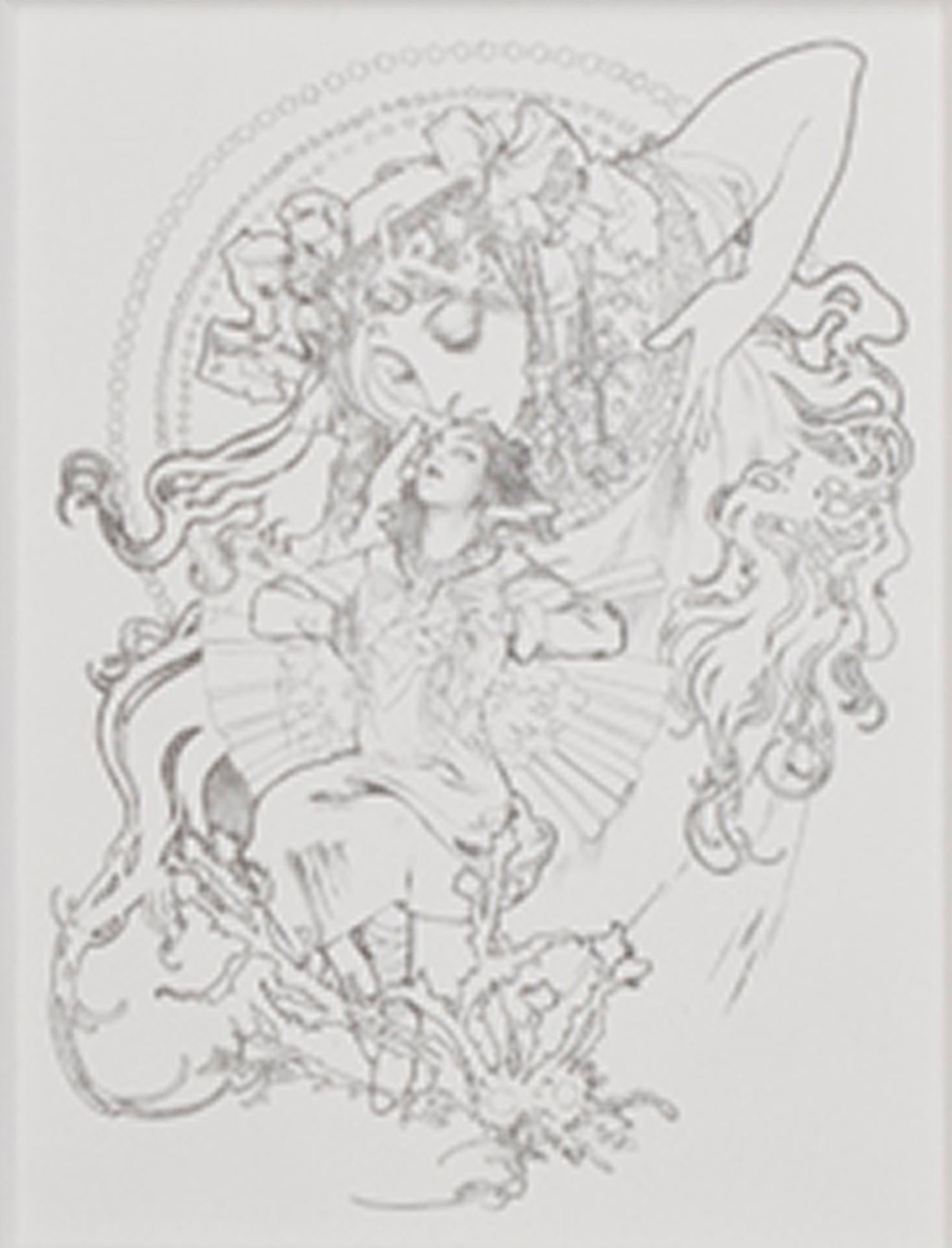 Alphonse Mucha Figurative Print - Late 19th century lithograph art nouveau ornate bookplate figures floral
