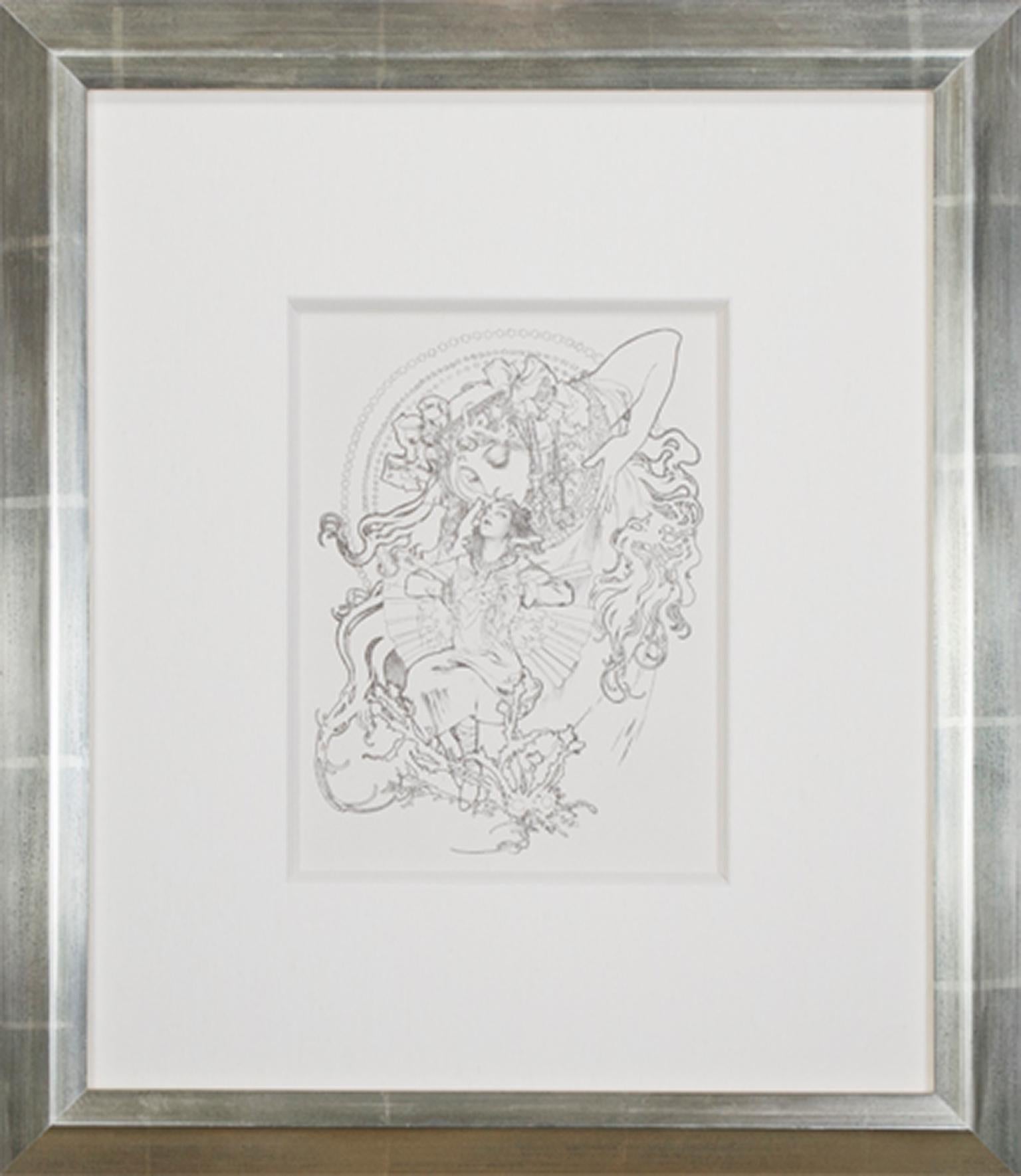 Late 19th century lithograph art nouveau ornate bookplate figures floral - Print by Alphonse Mucha