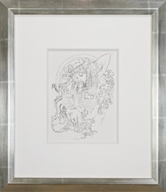 Late 19th century lithograph art nouveau ornate bookplate figures floral