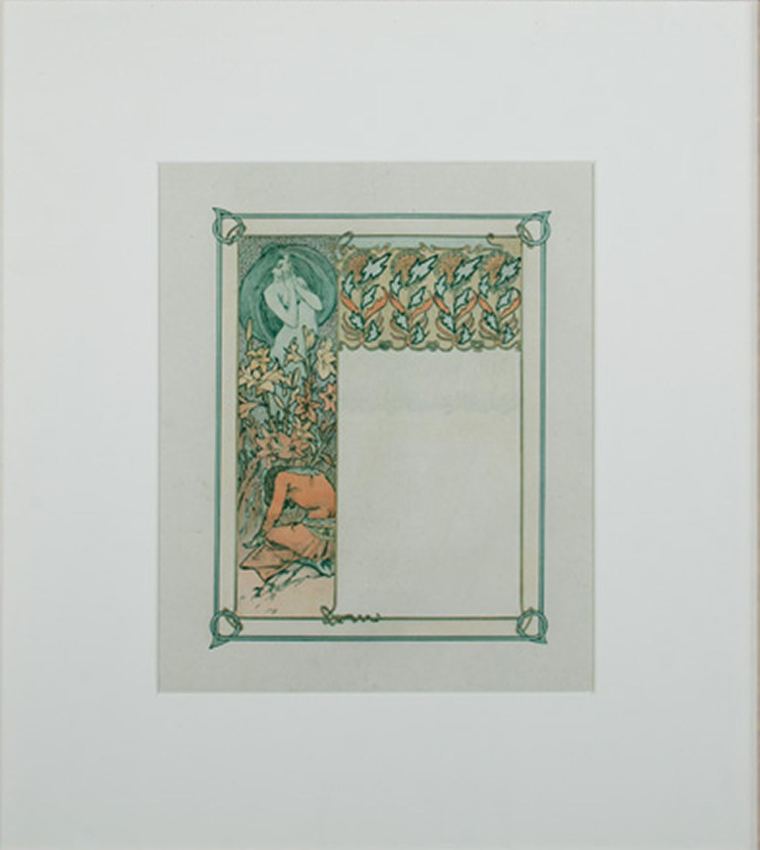 Alphonse Mucha Figurative Print – Farblithographie des späten 19. Jahrhunderts, Jugendstil, Blumenpflanzgefäße, Figuren, blau-orange