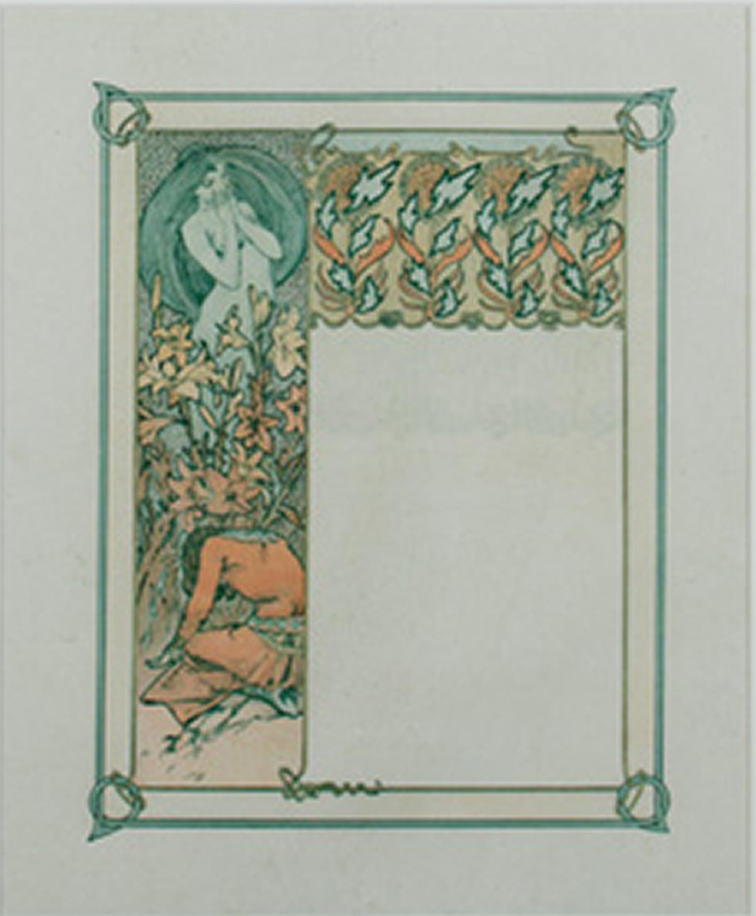 Farblithographie des späten 19. Jahrhunderts, Jugendstil, Blumenpflanzgefäße, Figuren, blau-orange (Art nouveau), Print, von Alphonse Mucha