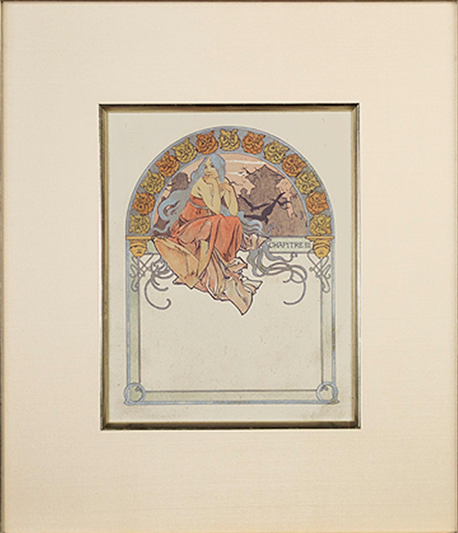 Alphonse Mucha Figurative Print – Farblithographie des späten 19. Jahrhunderts, Art nouveau-Stil, Eule-Rand, Frauenfigur 