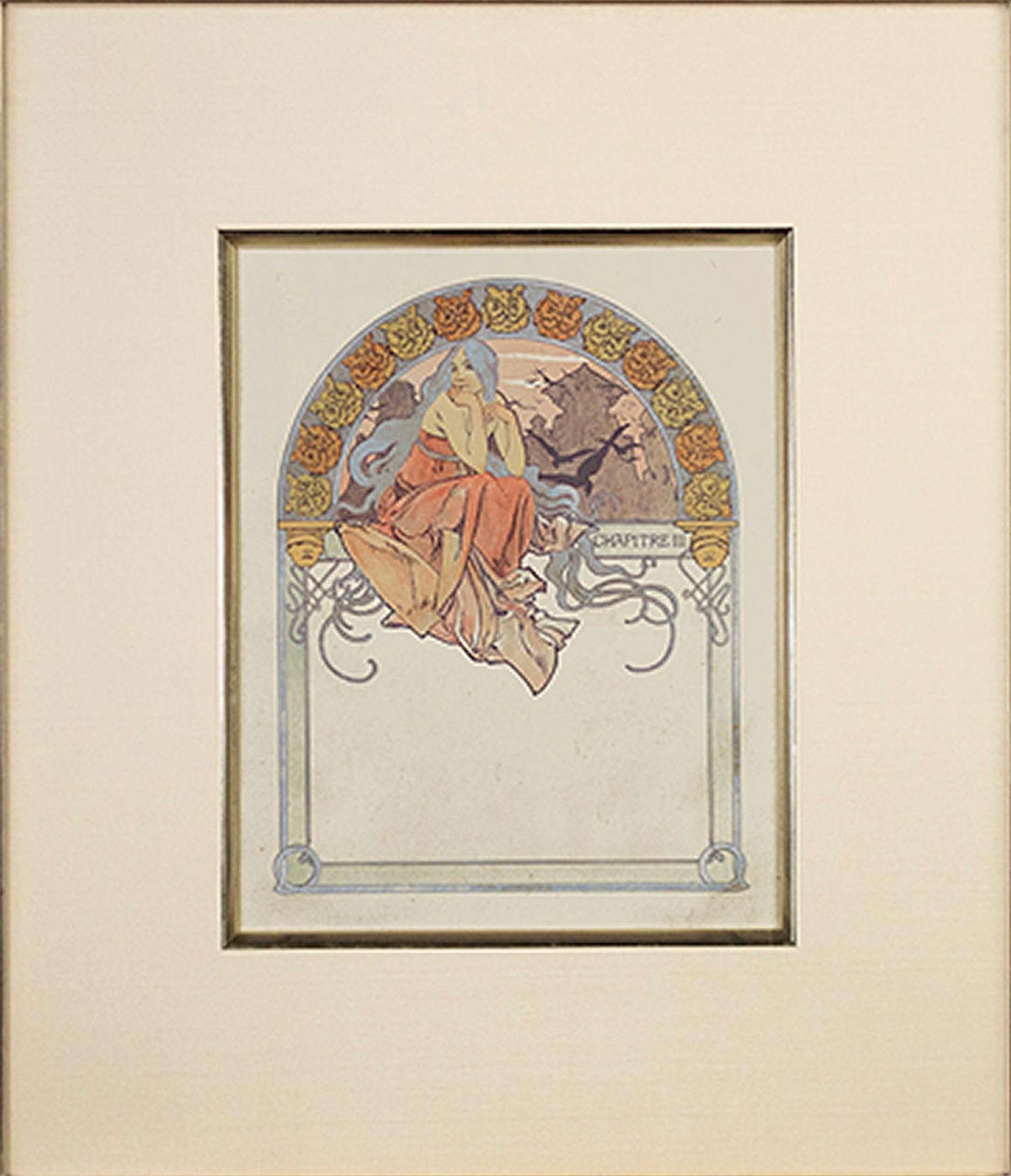 Alphonse Mucha Figurative Print - Late 19th century color lithograph art nouveau owl border woman figure