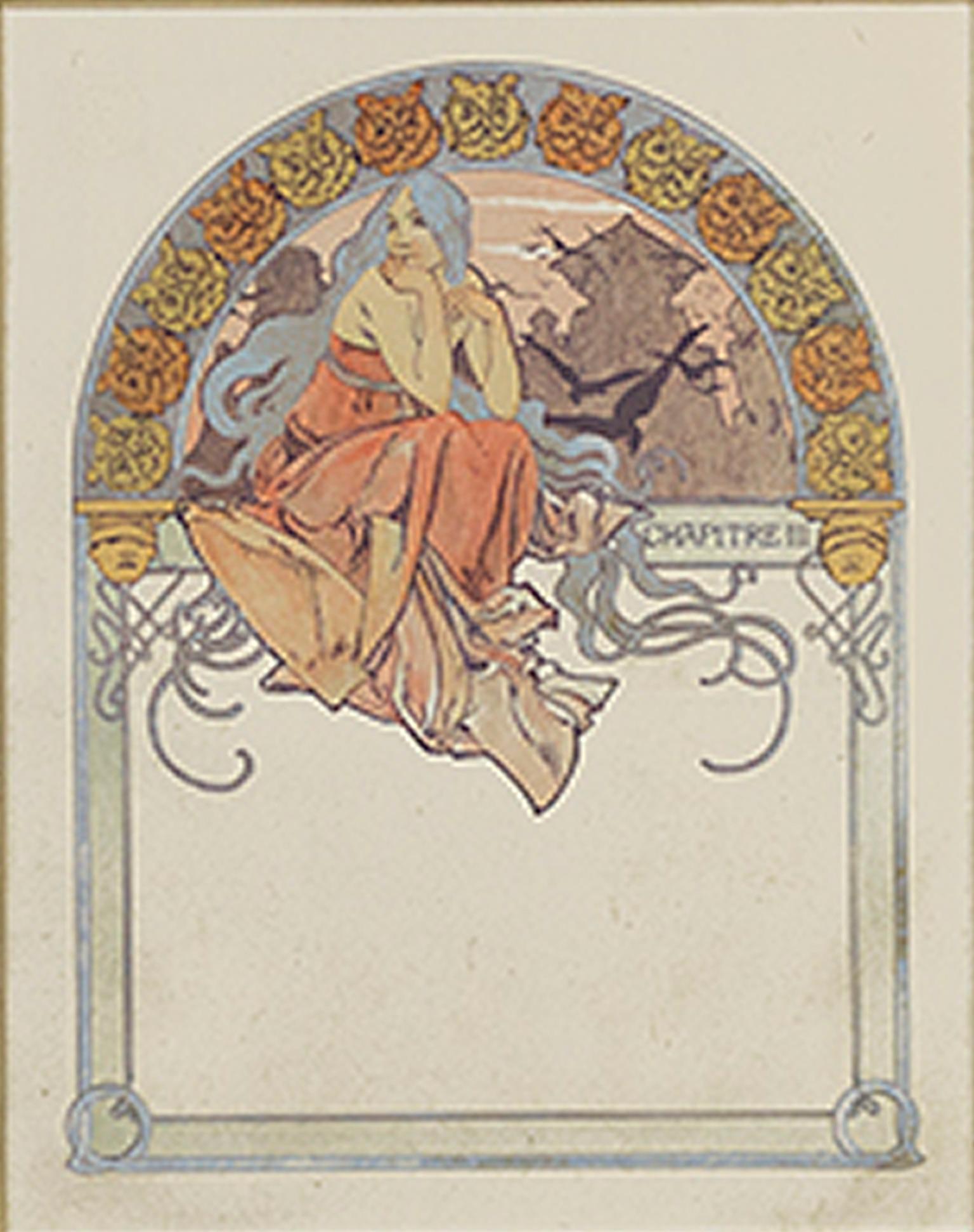 Late 19th century color lithograph art nouveau owl border woman figure - Print by Alphonse Mucha