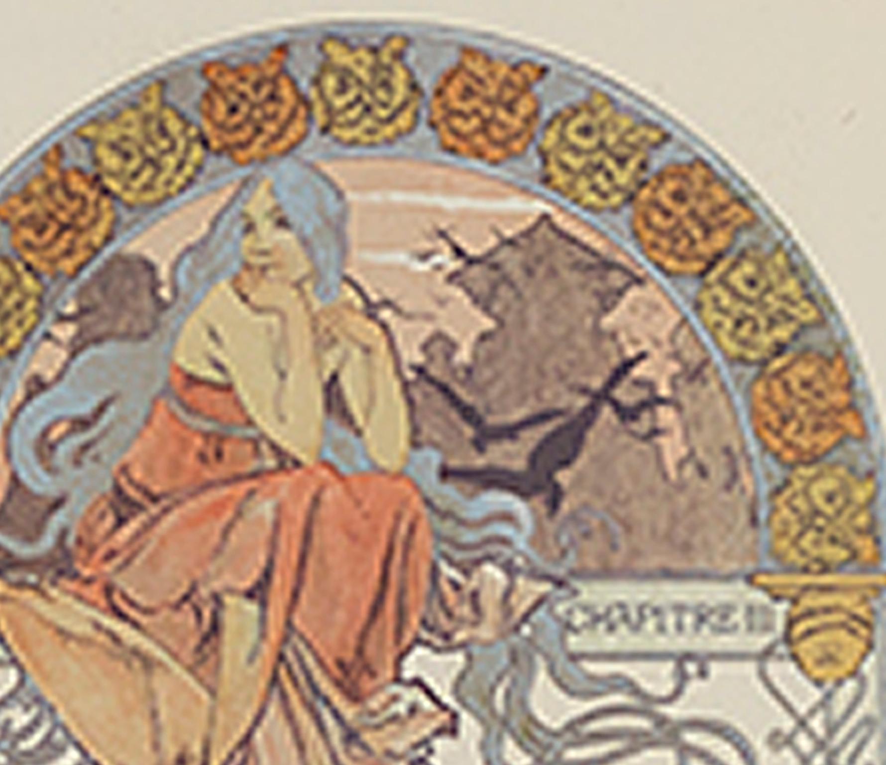 Farblithographie des späten 19. Jahrhunderts, Art nouveau-Stil, Eule-Rand, Frauenfigur  (Beige), Figurative Print, von Alphonse Mucha