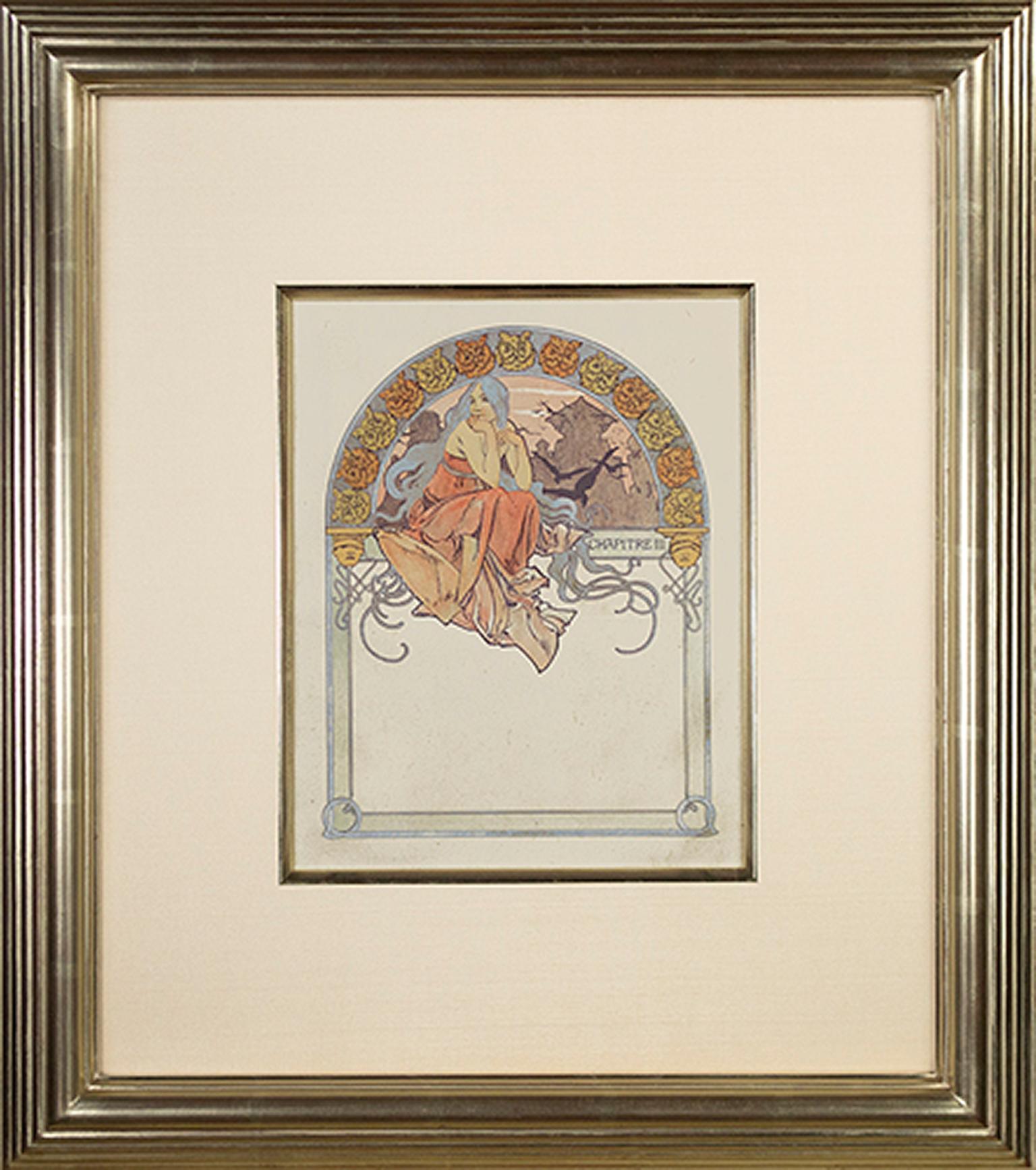 Farblithographie des späten 19. Jahrhunderts, Art nouveau-Stil, Eule-Rand, Frauenfigur  im Angebot 1