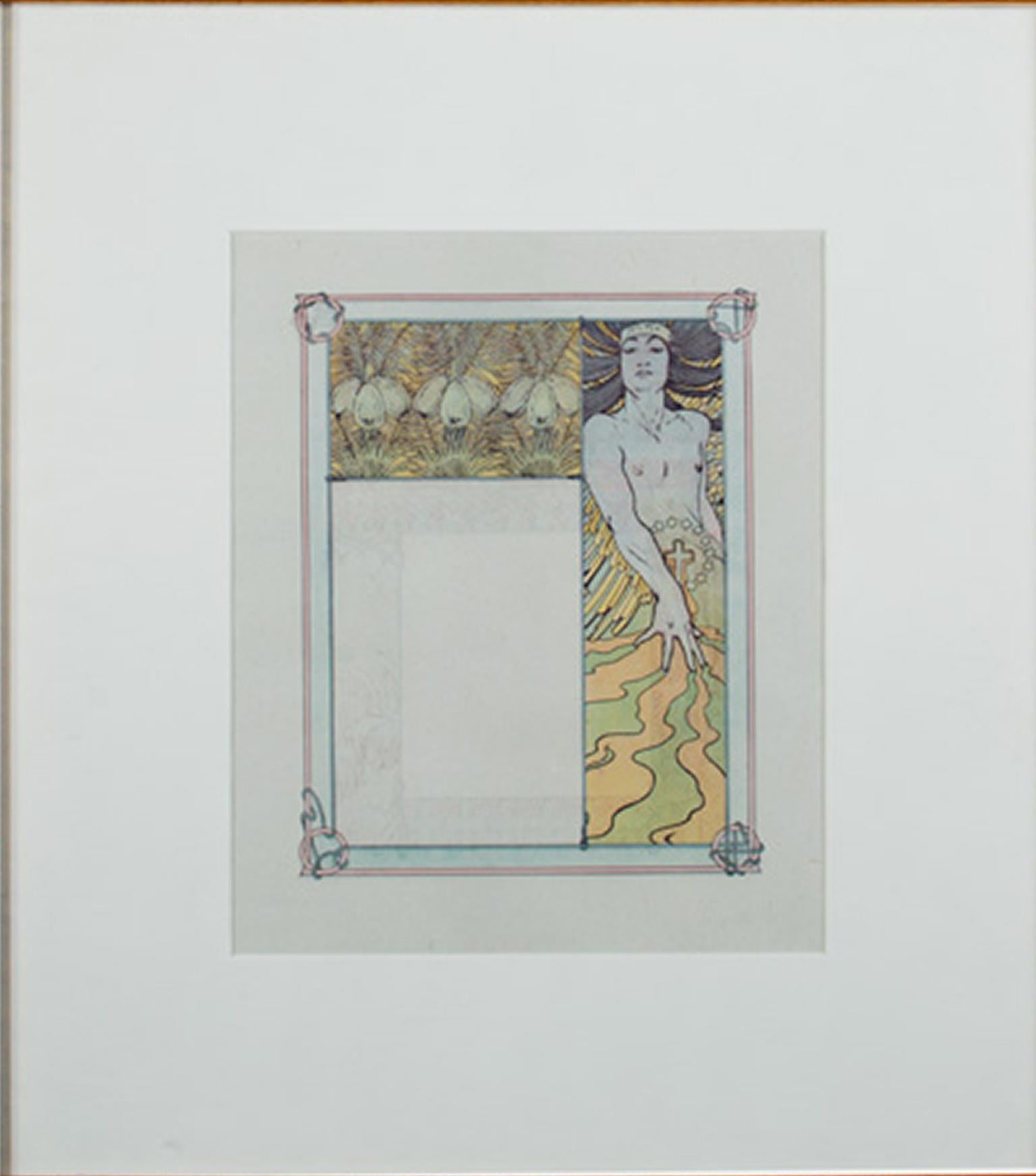 Alphonse Mucha Figurative Print – Farblithographie des späten 19. Jahrhunderts, Art nouveau-Bücherregal mit Blumenfigur, Jugendstil