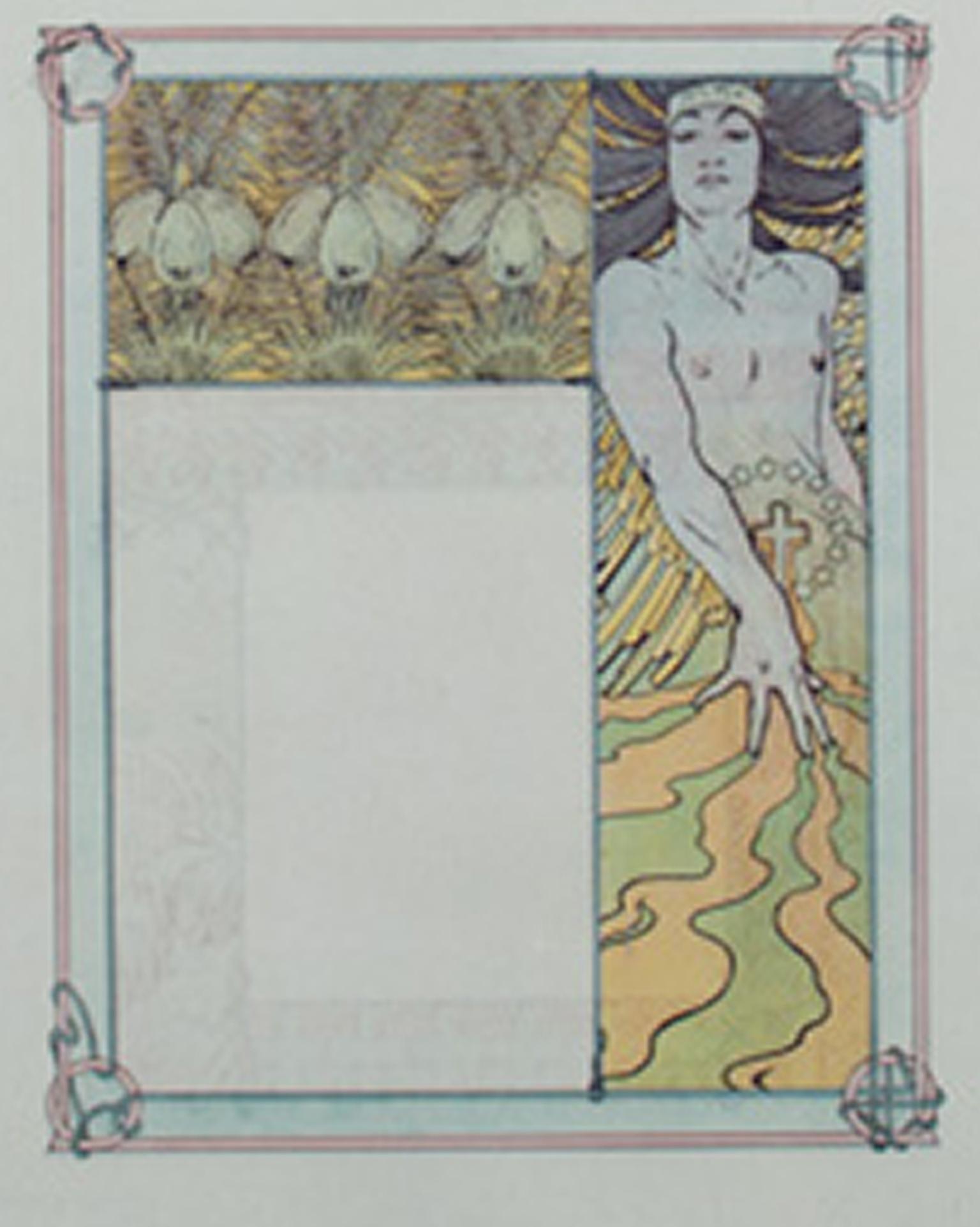 Farblithographie des späten 19. Jahrhunderts, Art nouveau-Bücherregal mit Blumenfigur, Jugendstil – Print von Alphonse Mucha