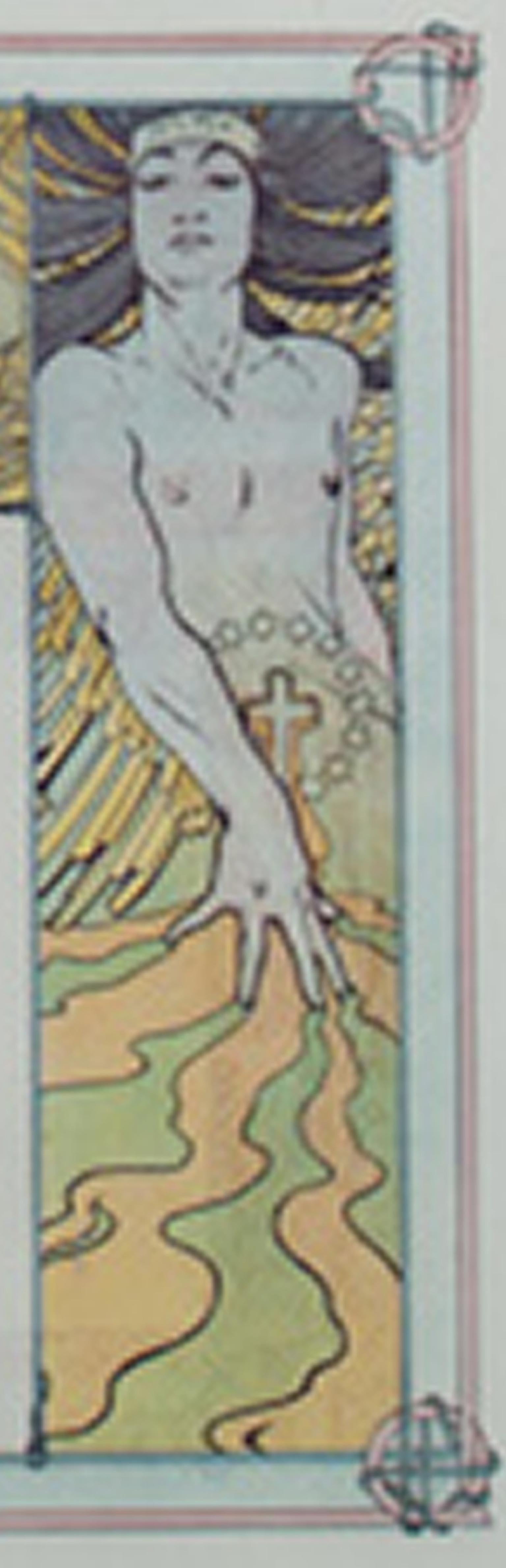 Farblithographie des späten 19. Jahrhunderts, Art nouveau-Bücherregal mit Blumenfigur, Jugendstil (Grau), Figurative Print, von Alphonse Mucha