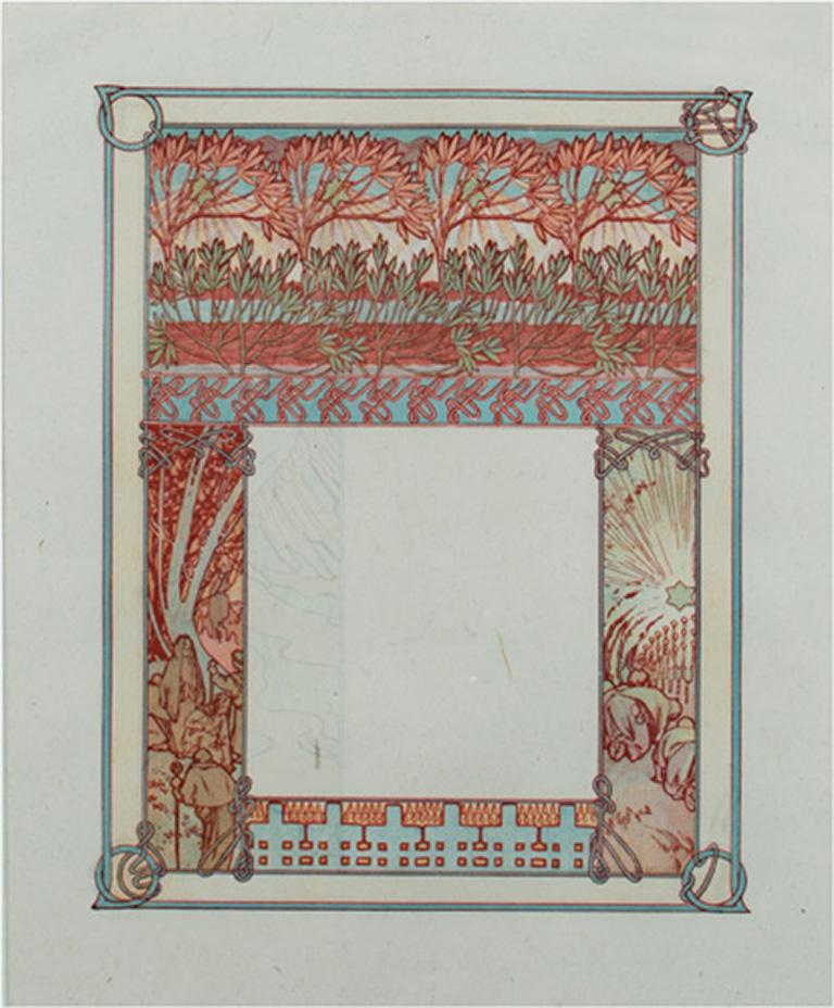 Farblithographie des späten 19. Jahrhunderts, Art nouveau-Bücherregal mit Blumenfigur, Jugendstil im Angebot 1