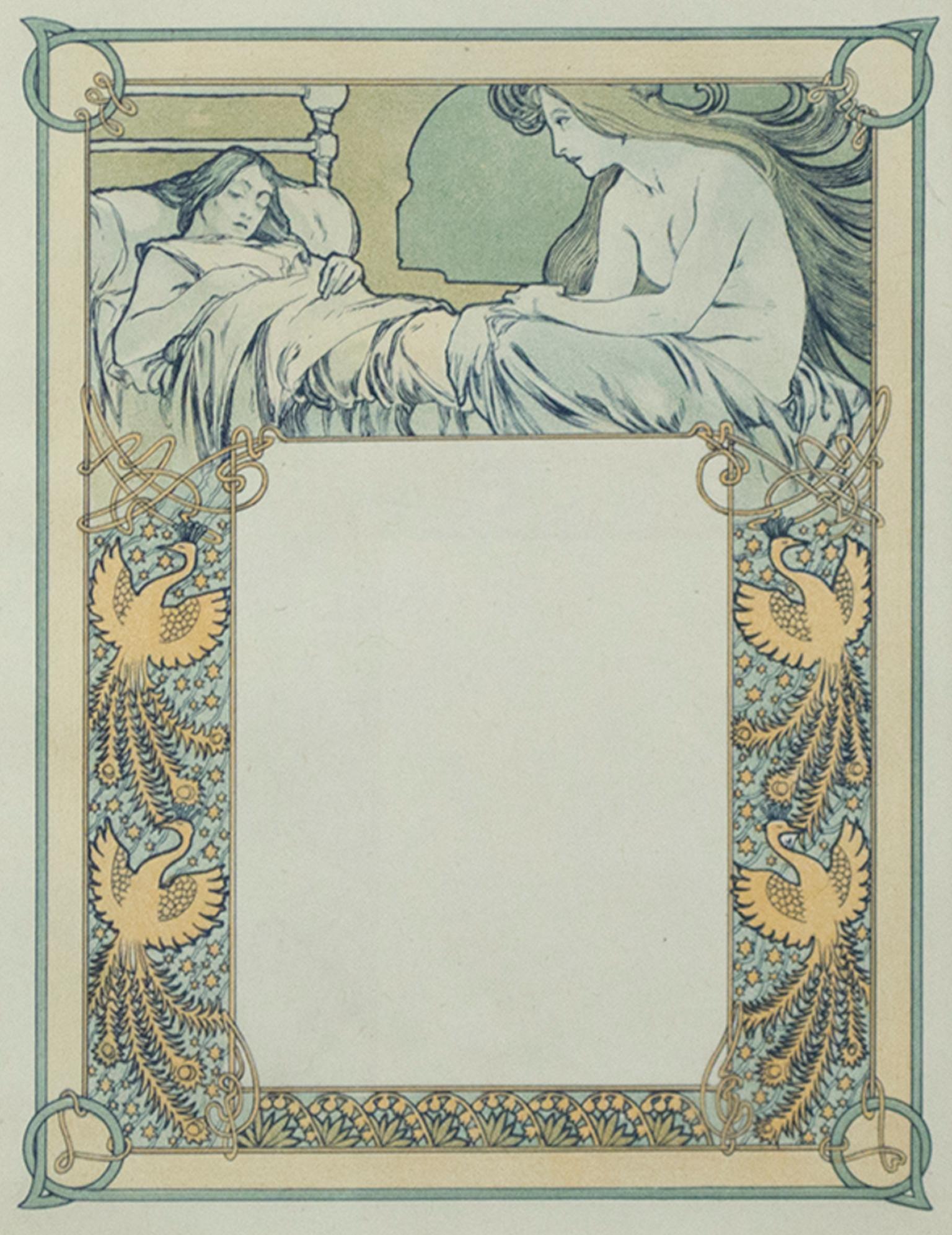 Alphonse Mucha Figurative Print - Late 19th century color lithograph art nouveau ornate bookplate figures