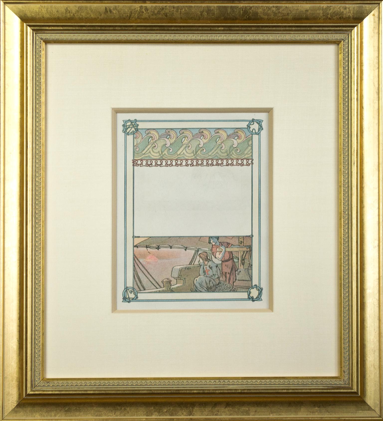 Fin du 19e siècle, lithographie en couleurs art nouveau, ex-libris orné, figures en vente 1