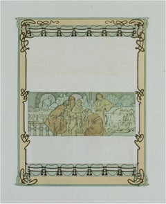 Late 19th century color lithograph art nouveau ornate bookplate figures
