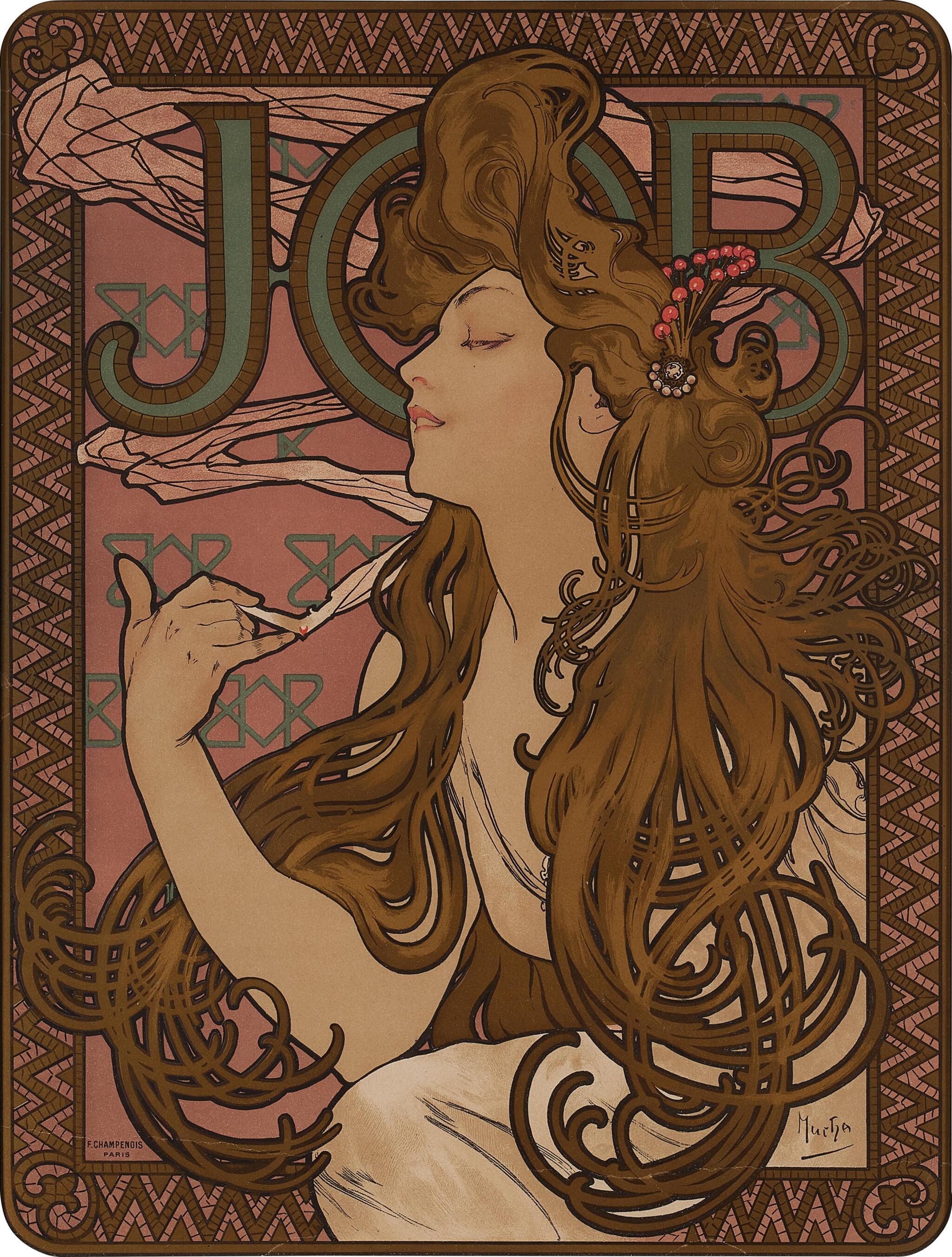 Alphonse Mucha
Job, 1896
Signed lower right in plate
Lithograph printed in colors and metallic ink on wove paper
Image 20 3/8 x 15 1/4 inches
Sheet 20 1/4 x 15 1/2 inches

Provenance
Seymour A. Lemler, Plantation, Florida (acquired from the above in