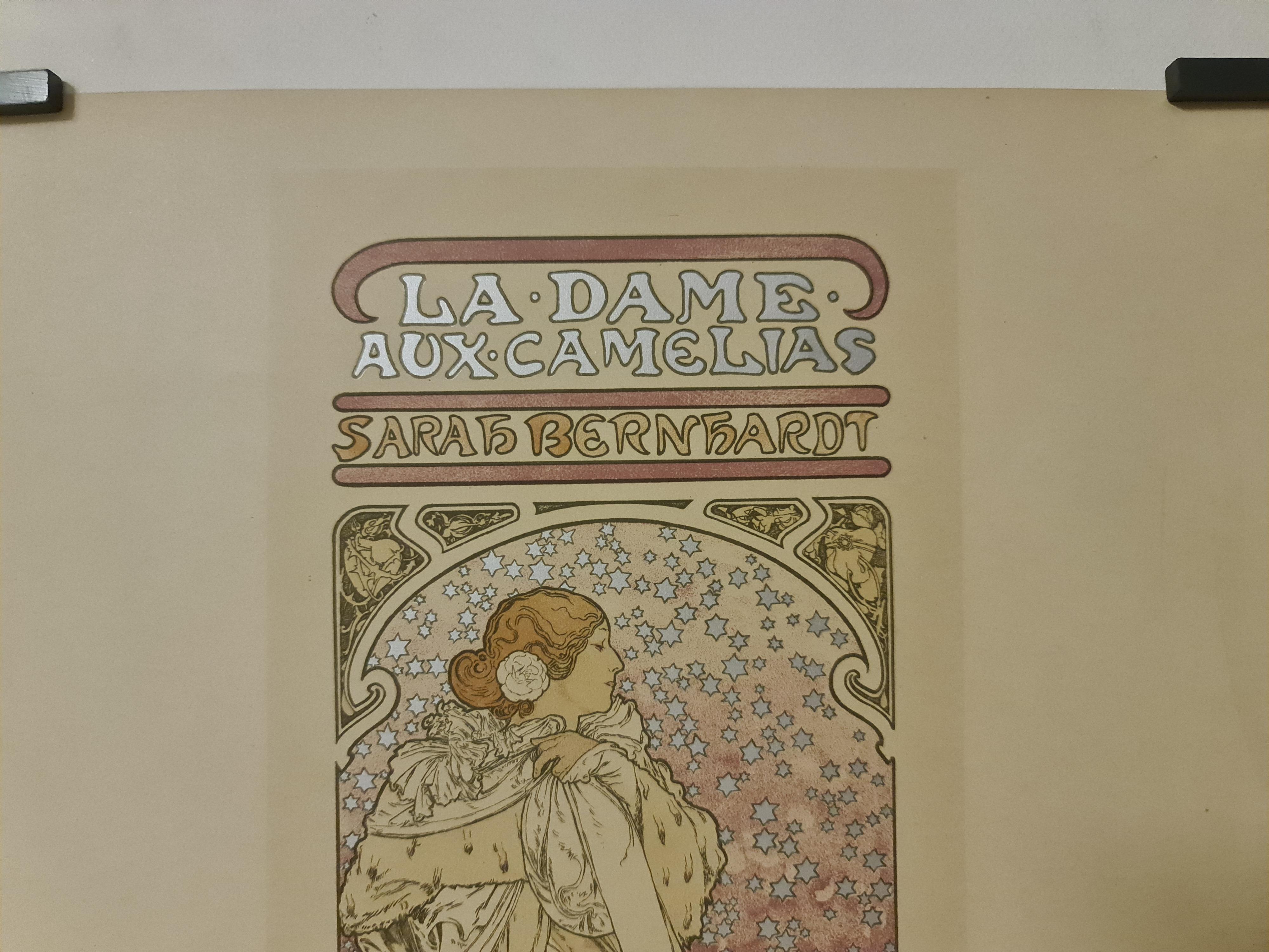 Alphonse Mucha La dame aux Camelias, Sarah Bernhardt, 1898 Original Lithograph in colors (PL. 144).
Printed by Chaix in  Paris and  published by Les Maîtres de l'Affiche.
This plate is from the famous set 