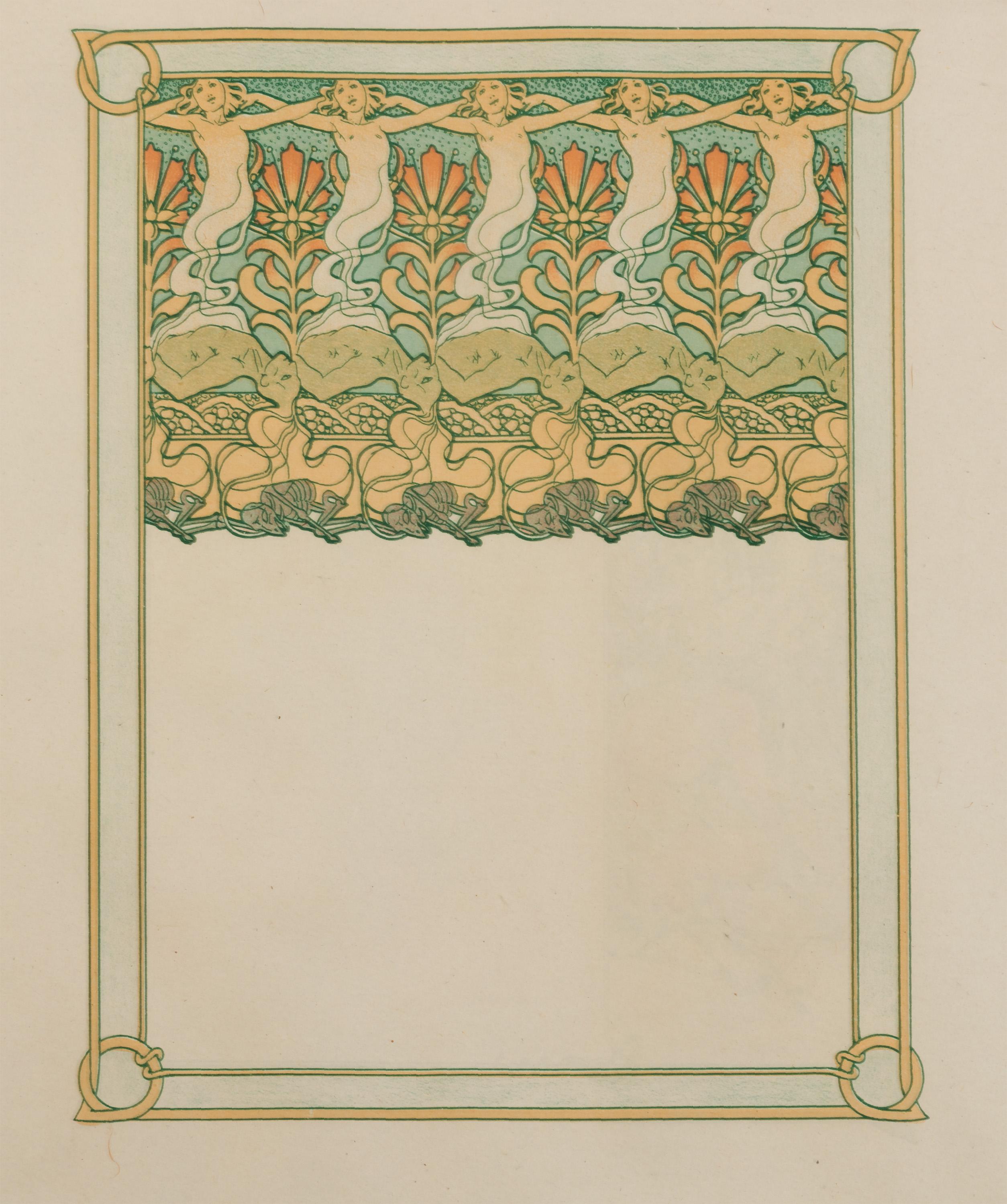 Late 19th century color lithograph art nouveau floral plants figures blue orange - Art Nouveau Print by Alphonse Mucha