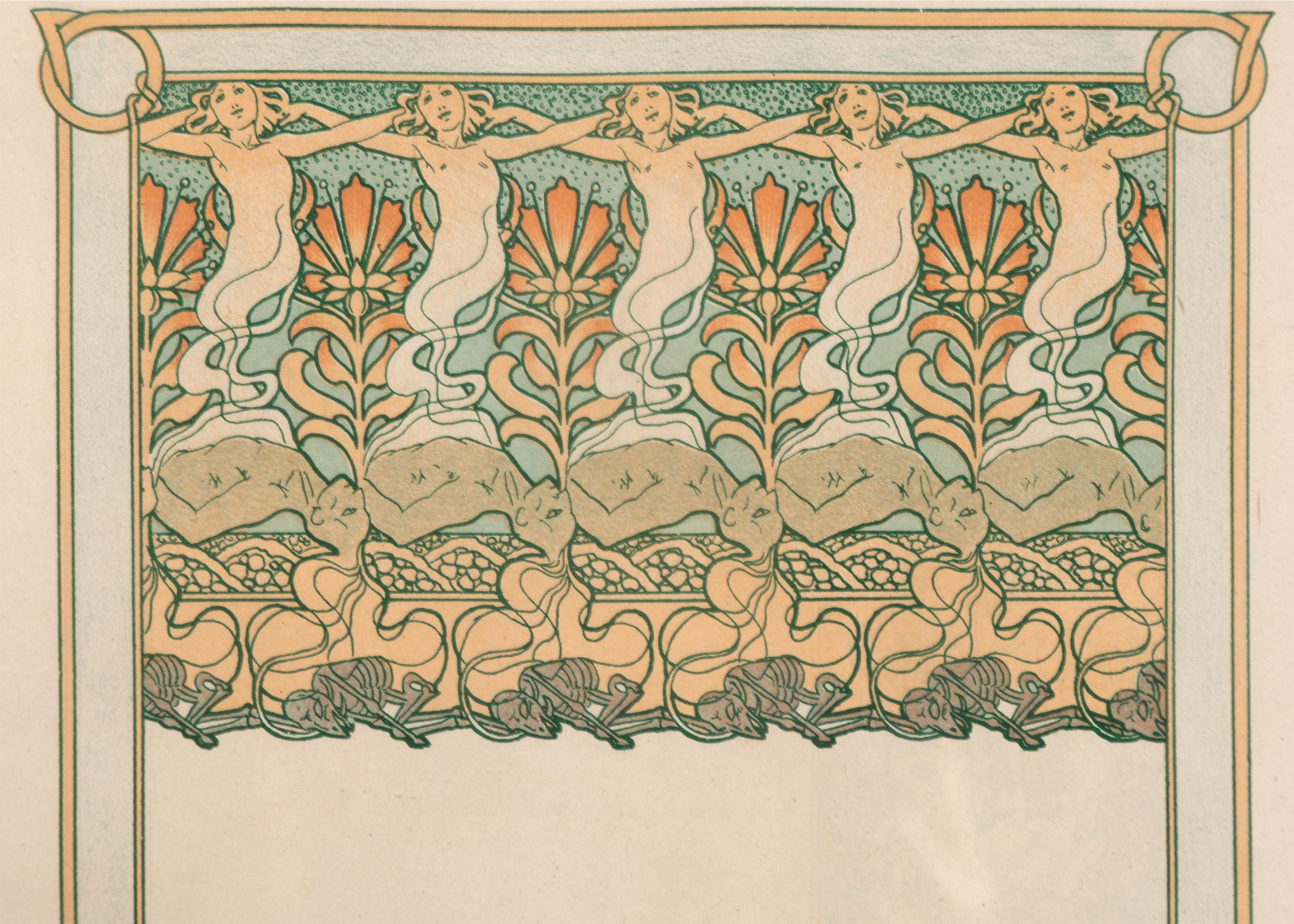 Late 19th century color lithograph art nouveau floral plants figures blue orange - Gray Figurative Print by Alphonse Mucha