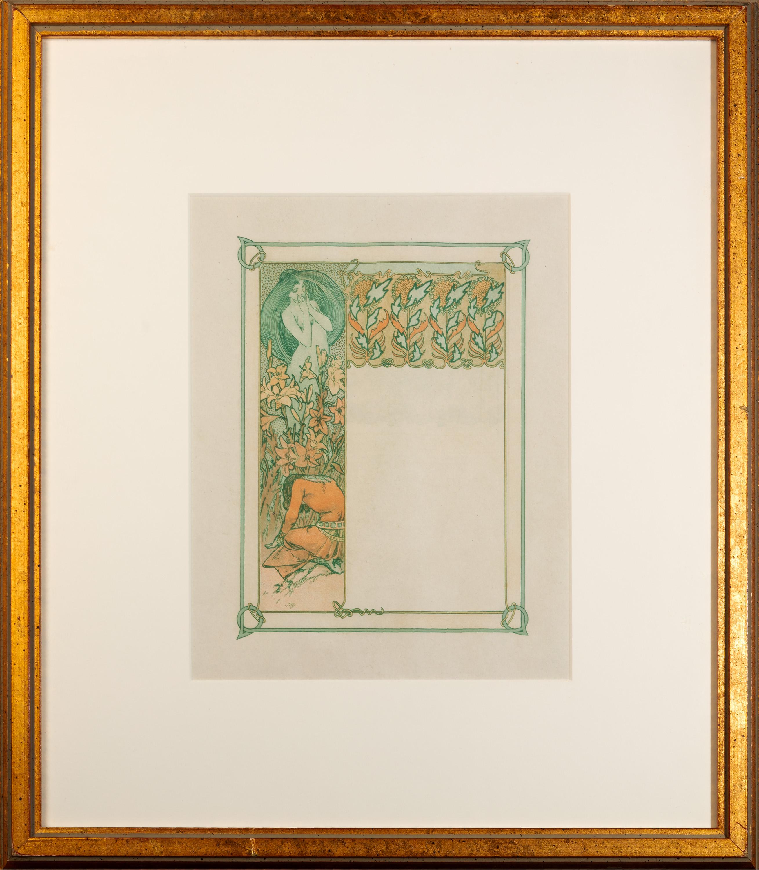 Fin du 19e siècle lithographie en couleurs art nouveau plantes florales personnages bleu orange