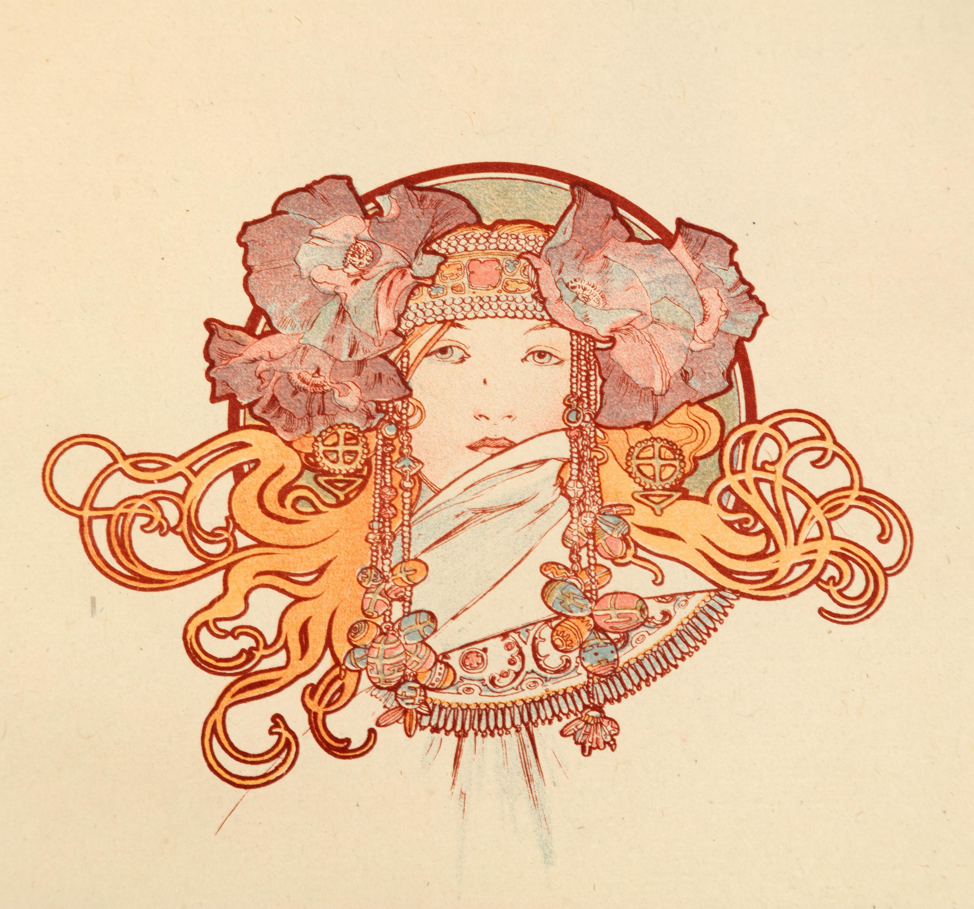 Farblithographie des späten 19. Jahrhunderts, Art nouveau-Stil, verzierte Buchplatte, weibliches Thema – Print von Alphonse Mucha