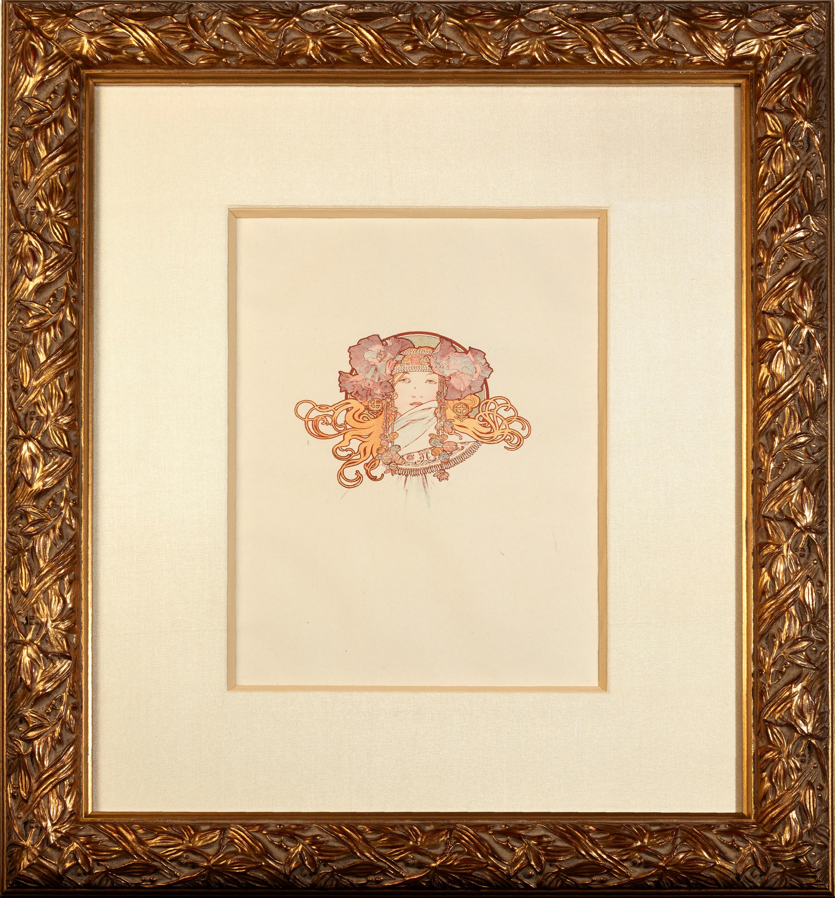 Alphonse Mucha Portrait Print – Farblithographie des späten 19. Jahrhunderts, Art nouveau-Stil, verzierte Buchplatte, weibliches Thema