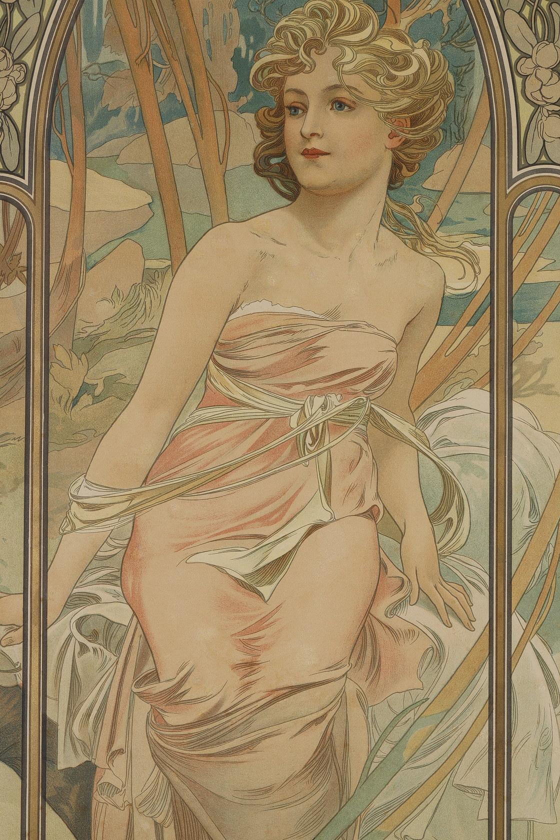 Morgenerwachen (Grau), Figurative Print, von Alphonse Mucha