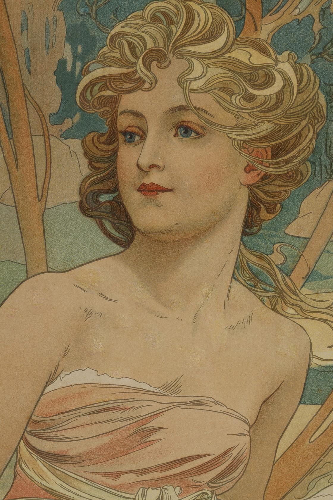 Morning Awakening - Gray Figurative Print by Alphonse Mucha