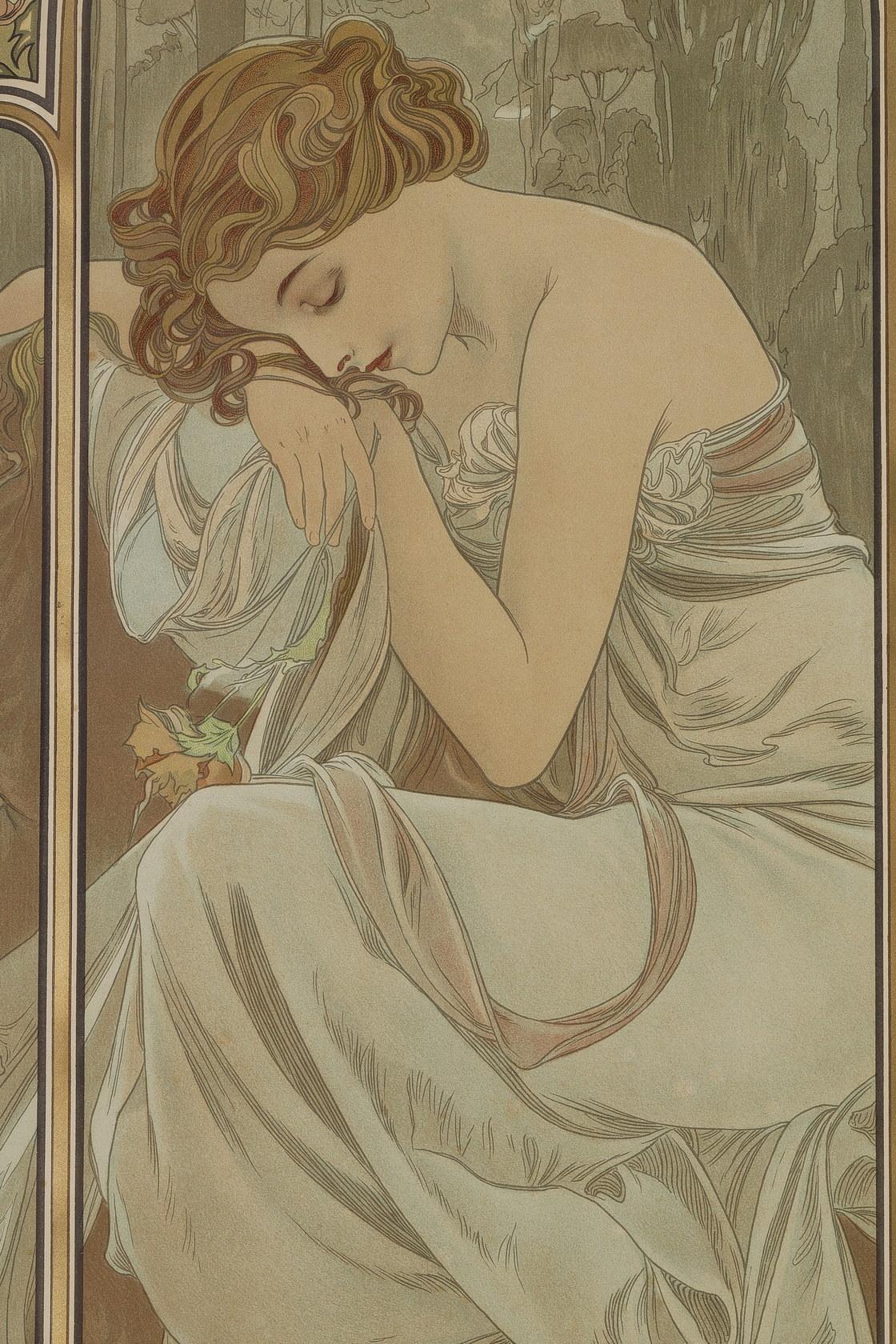 Night's Rest - Gray Figurative Print by Alphonse Mucha