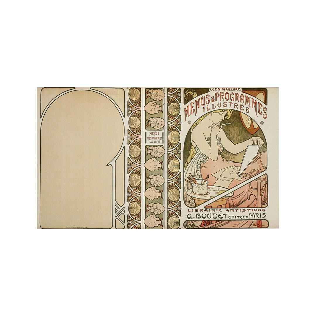 A breathtaking example of Art Nouveau elegance, this original 1898 poster by Alphonse Mucha was created to promote Menus & Programmes Illustrés, a book by Léon Maillard celebrating the decorative potential of printed ephemera. Printed by Champenois