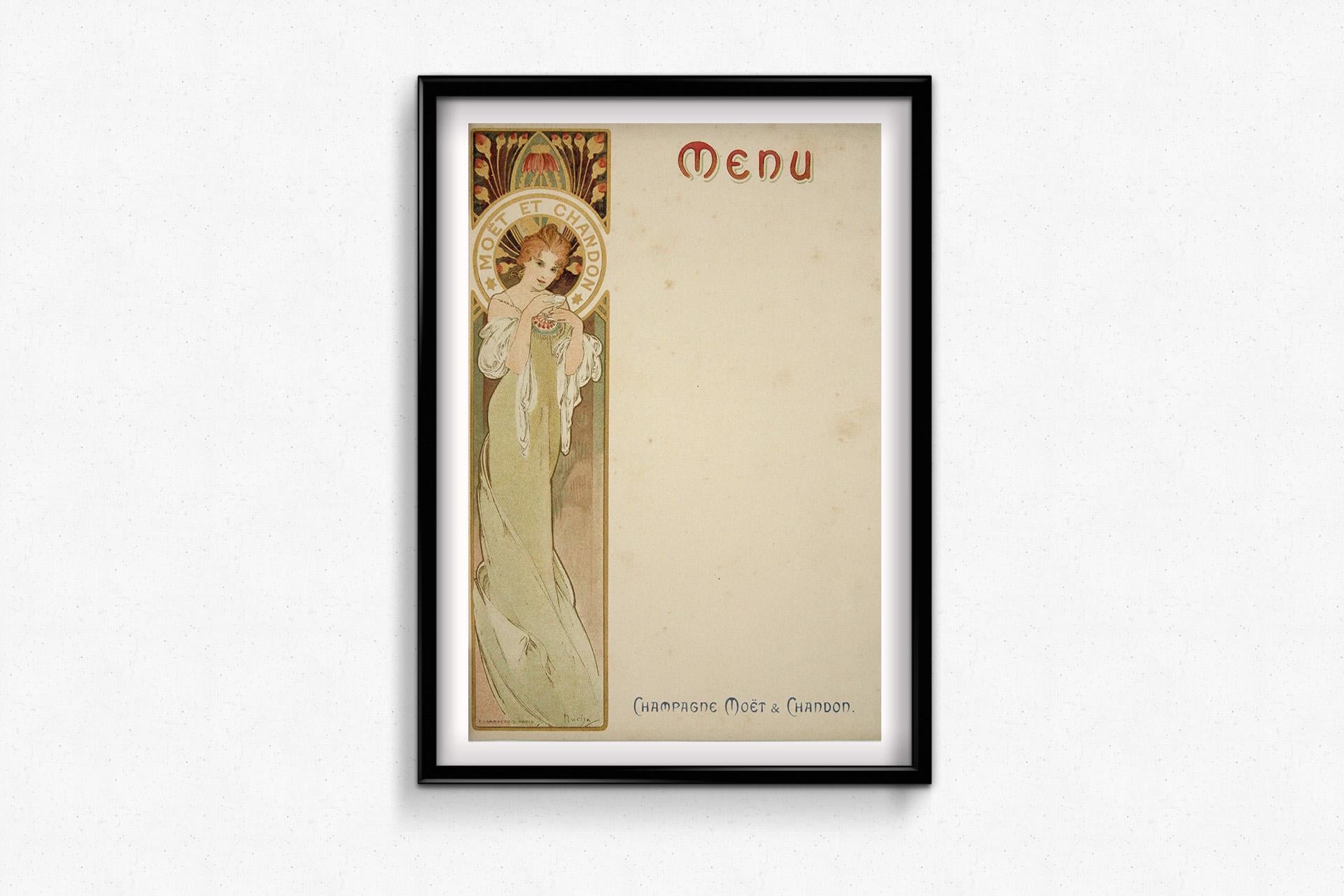 This original 1899 illustrated menu for Champagne Moët & Chandon captures the refined beauty of the Belle �Époque, brought to life by the unmistakable hand of Alphonse Mucha, master of Art Nouveau.

Commissioned by the prestigious champagne house
