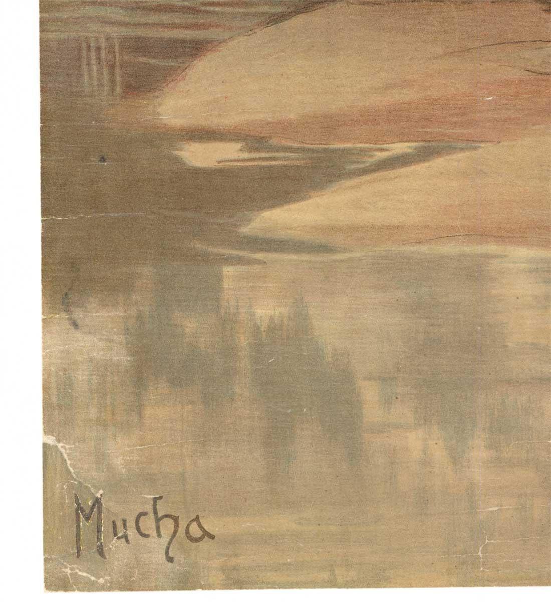 Original-Vintage-Druck „Fishmonger“ oder Pesche, ohne Titel, ca. 1908 (Braun), Landscape Print, von Alphonse Mucha