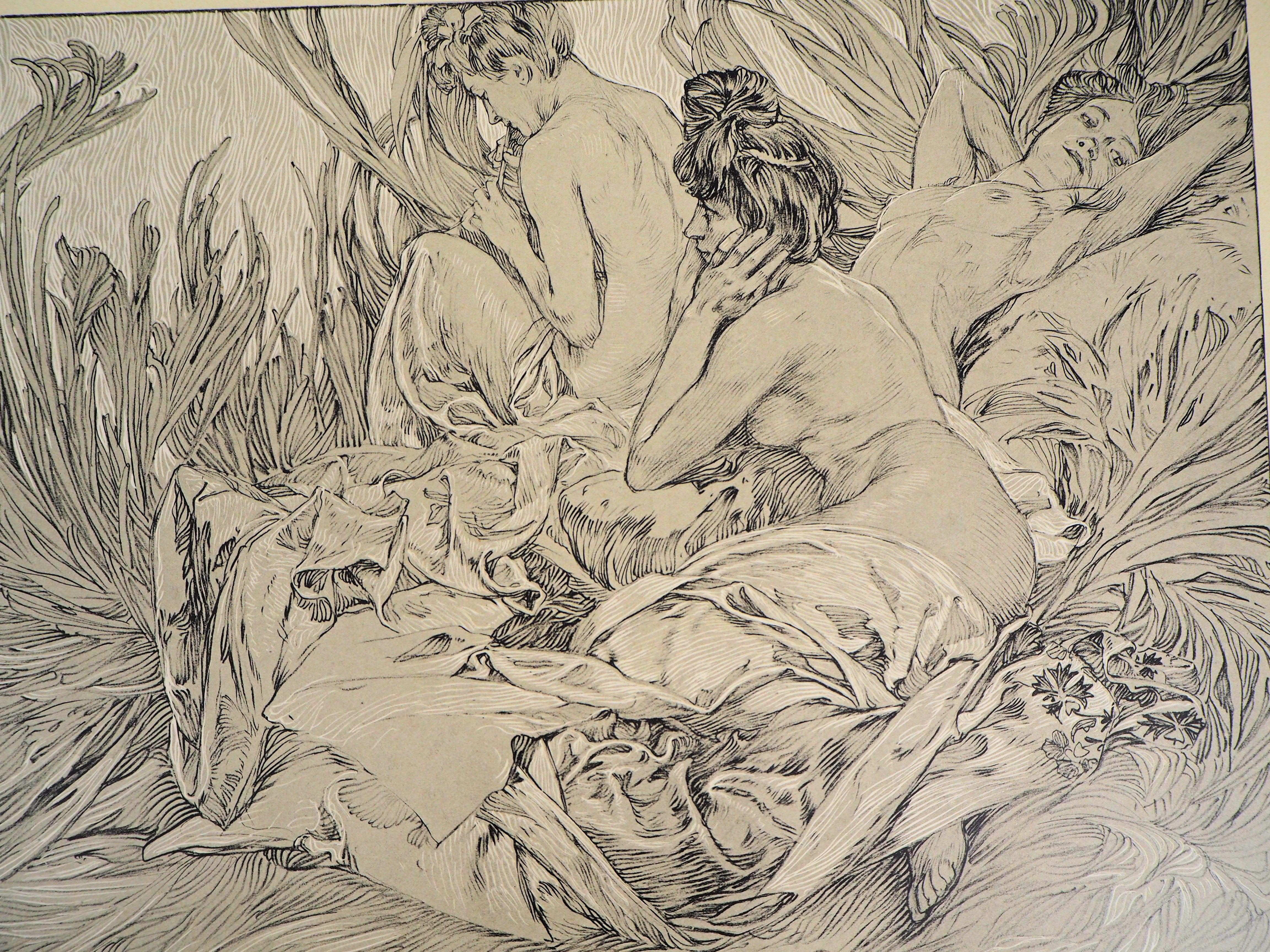 Reclining Models in a Landscape - Lithograph 1902 - Print by Alphonse Mucha