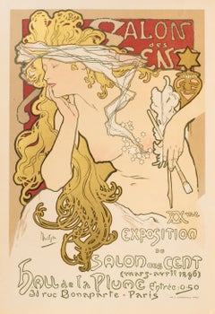 "Salon des Cent" Litografia originale a colori Art Nouveau del 1897 di Alphonse Mucha
