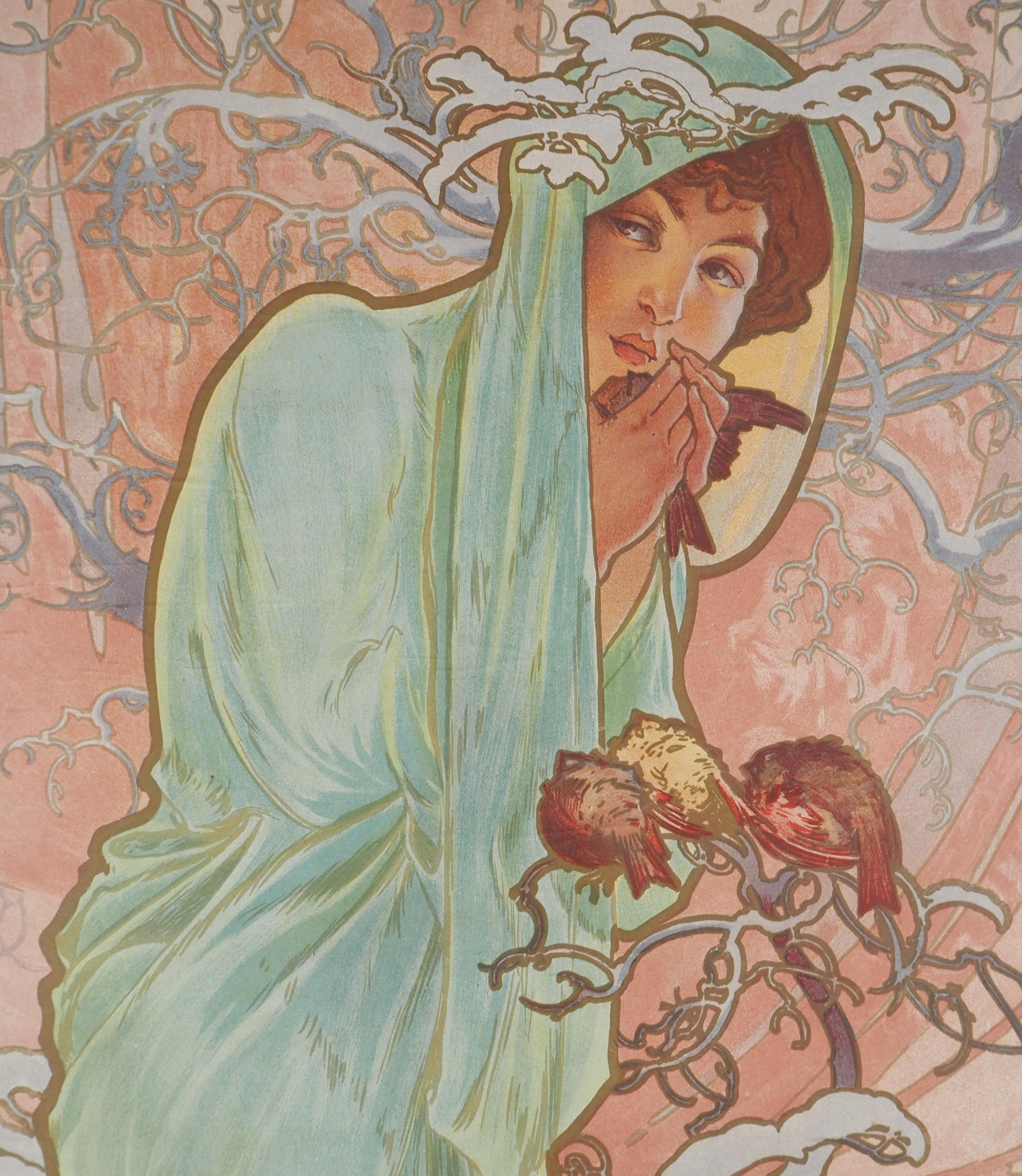Alphonse Mucha
Seasons: Winter, 1896

Original lithograph
Printed signature in the plate
Printed on paper 108.5 x 57 cm (c. 42.5 x 22.4 inches)
On paper linen on canvas, 117 × 65.5 cm (c. 46 x 25.5 inches)

REFERENCES : 
- catalog raisonné Ann
