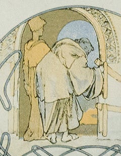 Late 19th century color lithograph art nouveau ornate bookplate figures