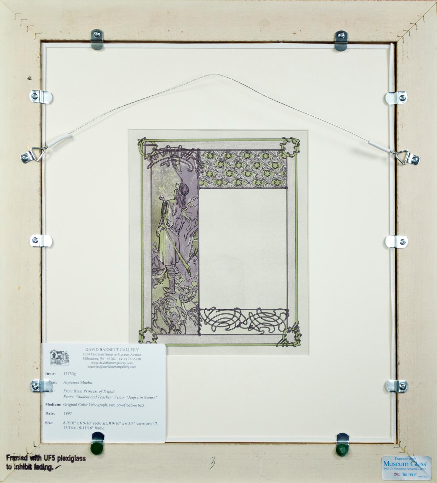 Late 19th century color lithograph art nouveau ornate bookplate figures - Art Nouveau Print by Alphonse Mucha