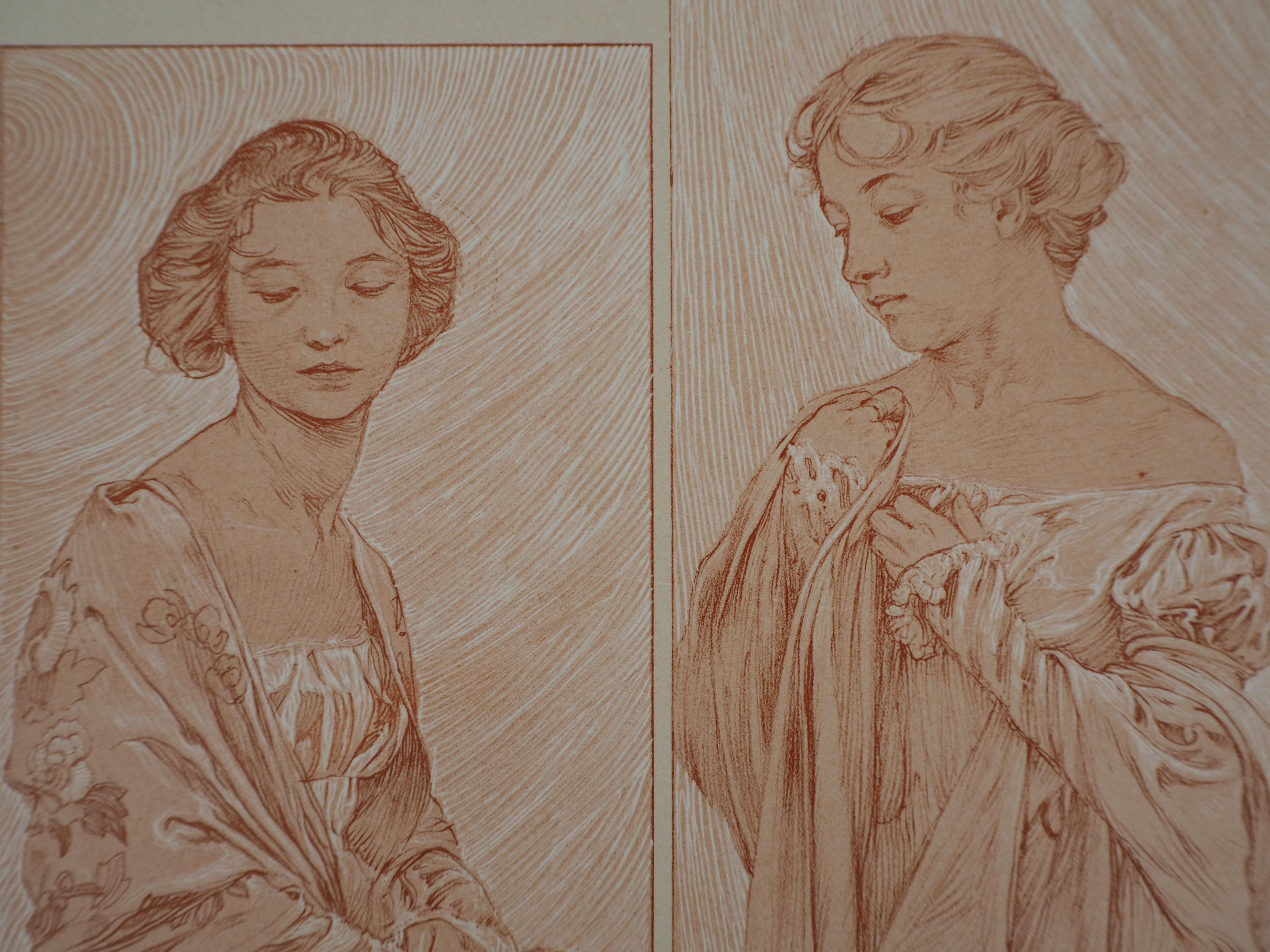 The Actresses - Lithograph 1902 - Brown Figurative Print by Alphonse Mucha