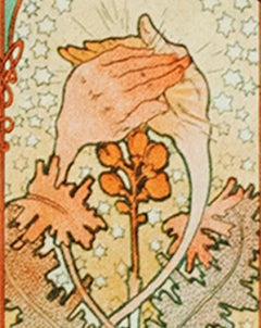 Late 19th century color lithograph art nouveau floral plants hands blue orange